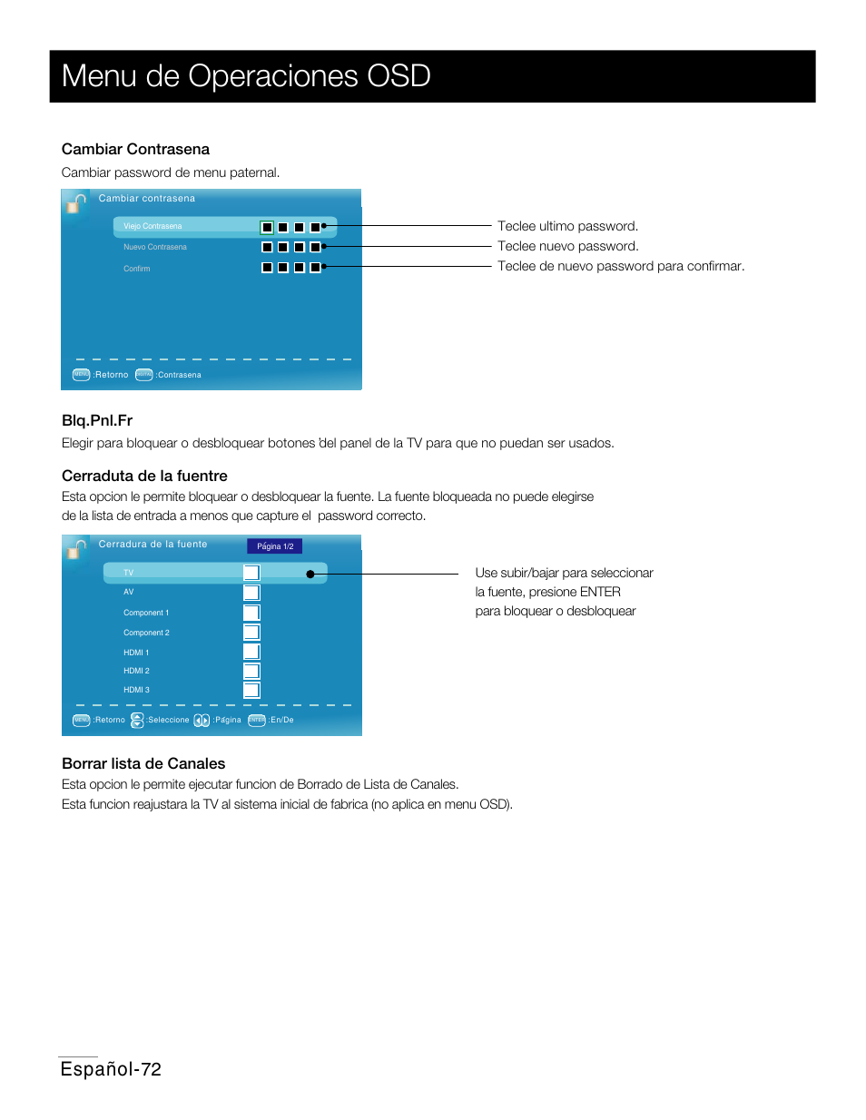 P66.pdf, Menu de operaciones osd, Español | Blq.pnl.fr, Cerraduta de la fuentre, Borrar lista de canales, Cambiar contrasena | RCA 42PA30RQ User Manual | Page 75 / 88