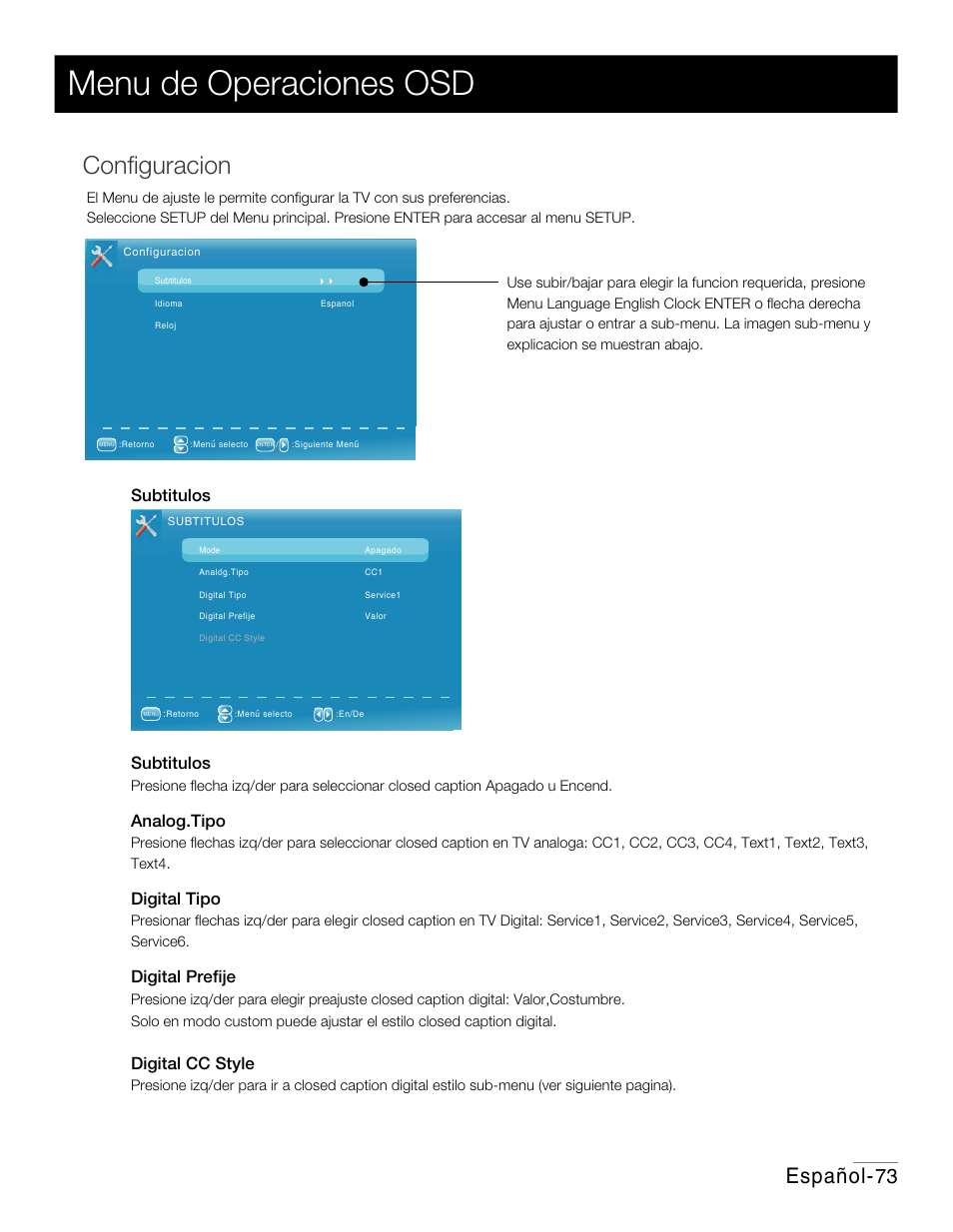 P67.pdf, Menu de operaciones osd, Conﬁguracion | Español, Subtitulos, Analog.tipo, Digital tipo, Digital preﬁje, Digital cc style | RCA 42PA30RQ User Manual | Page 76 / 88