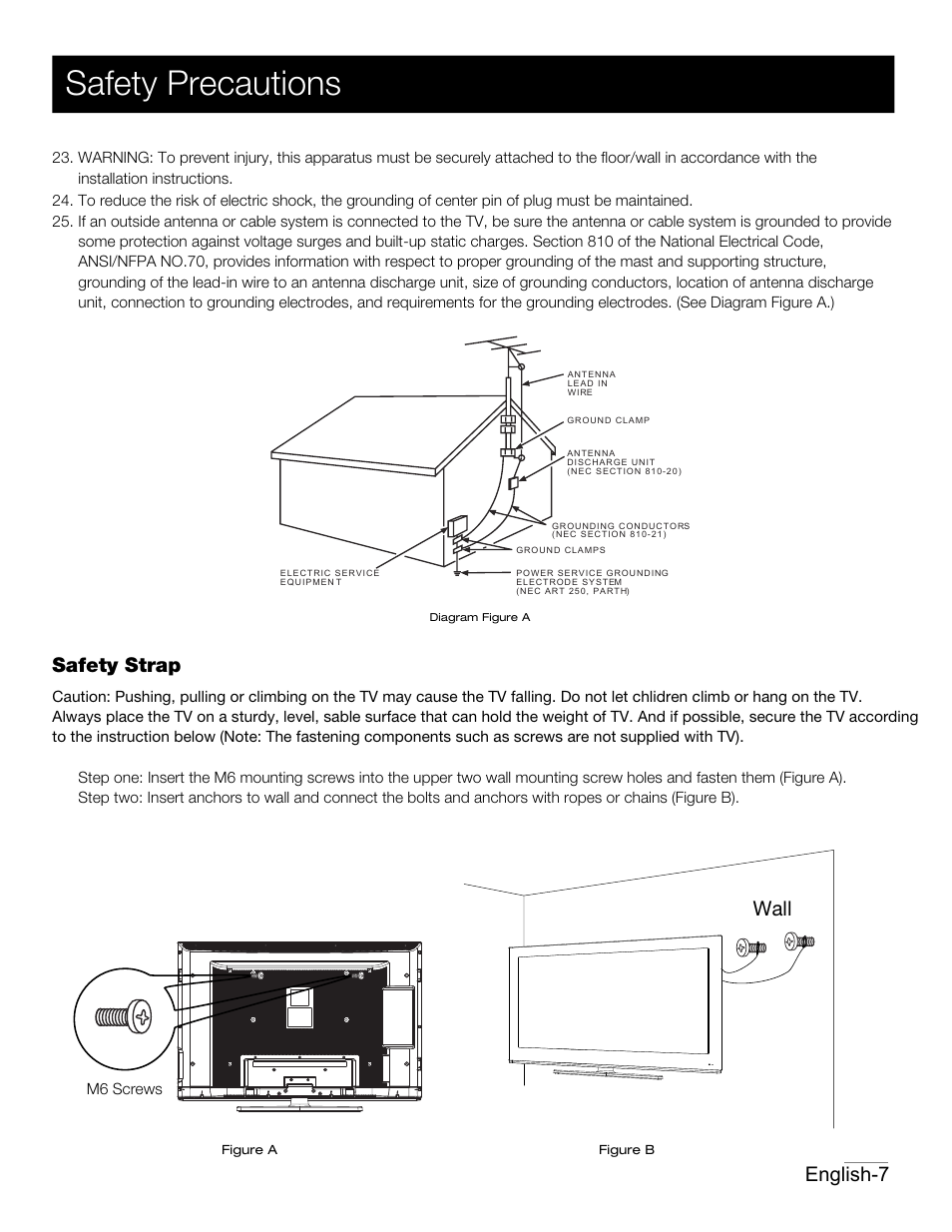 P05.pdf, Safety precautions, Safety strap | Wall 7 english | RCA 42PA30RQ User Manual | Page 8 / 88