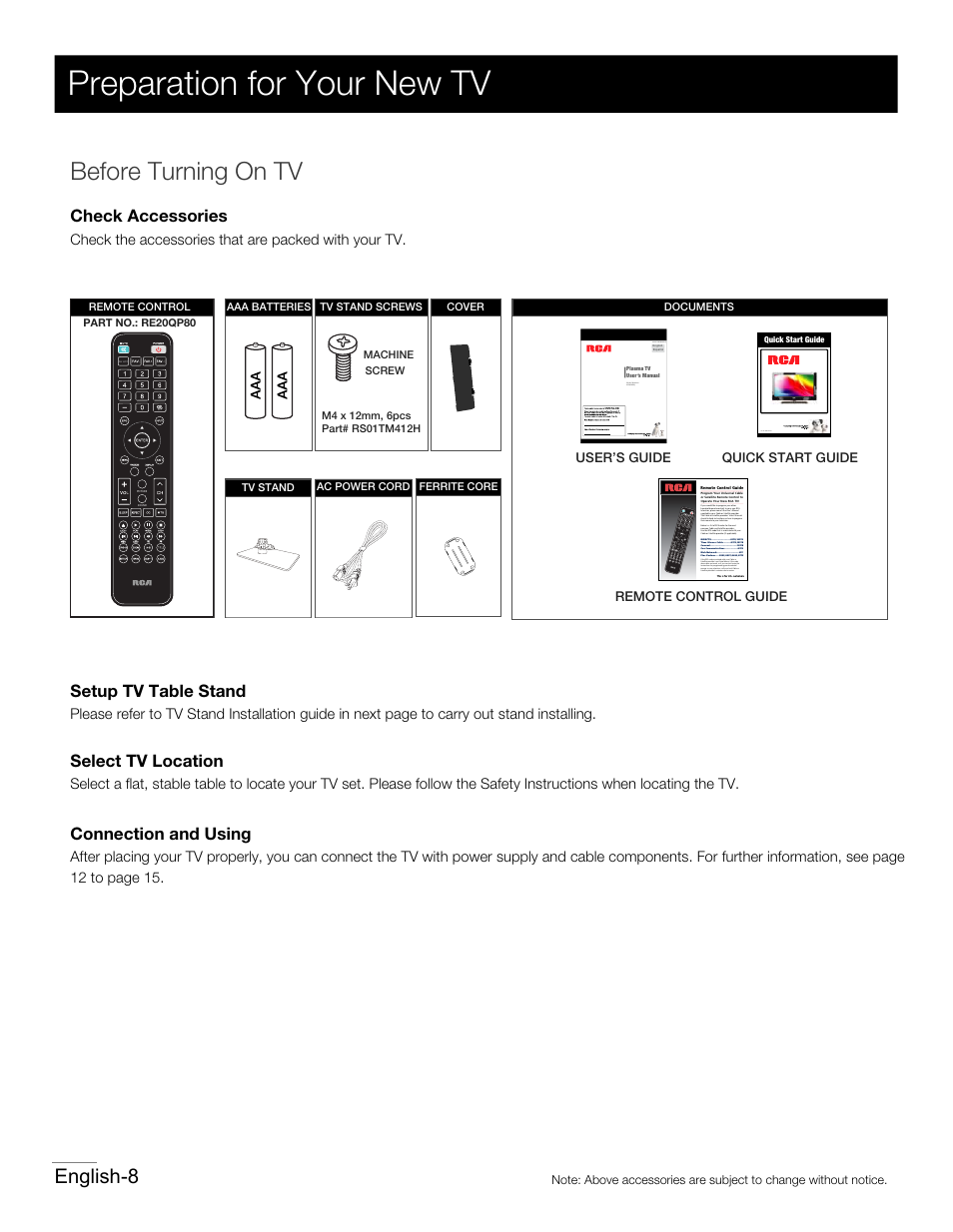 P06.pdf, Preparation for your new tv, Before turning on tv | English-8, Check accessories, Select tv location, Setup tv table stand, Connection and using, Check the accessories that are packed with your tv, 42pa30rq model number | RCA 42PA30RQ User Manual | Page 9 / 88