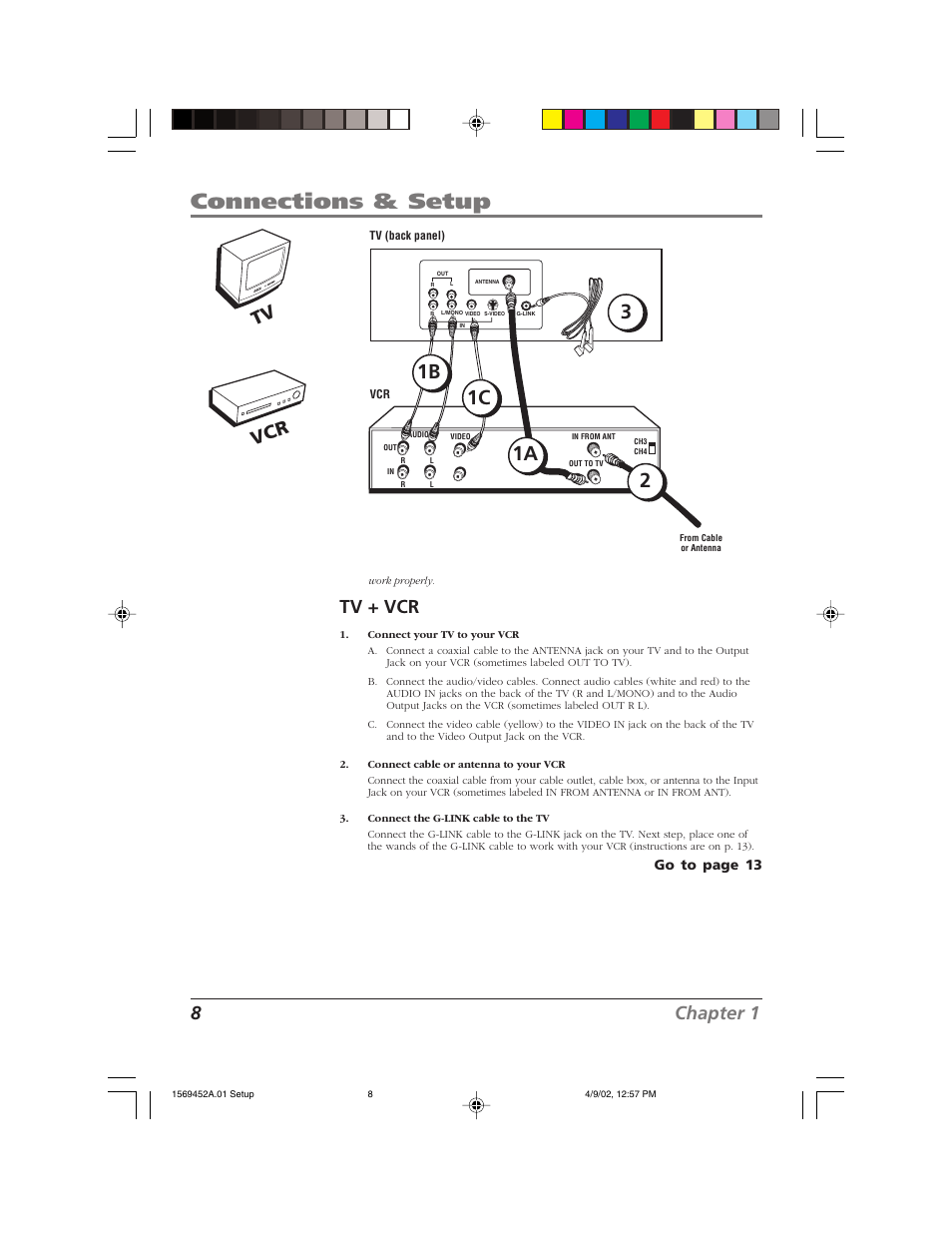 Connections & setup, 8chapter 1, Tv + vcr | Tv vcr, Go to page 13 | RCA F20TF10 User Manual | Page 10 / 64