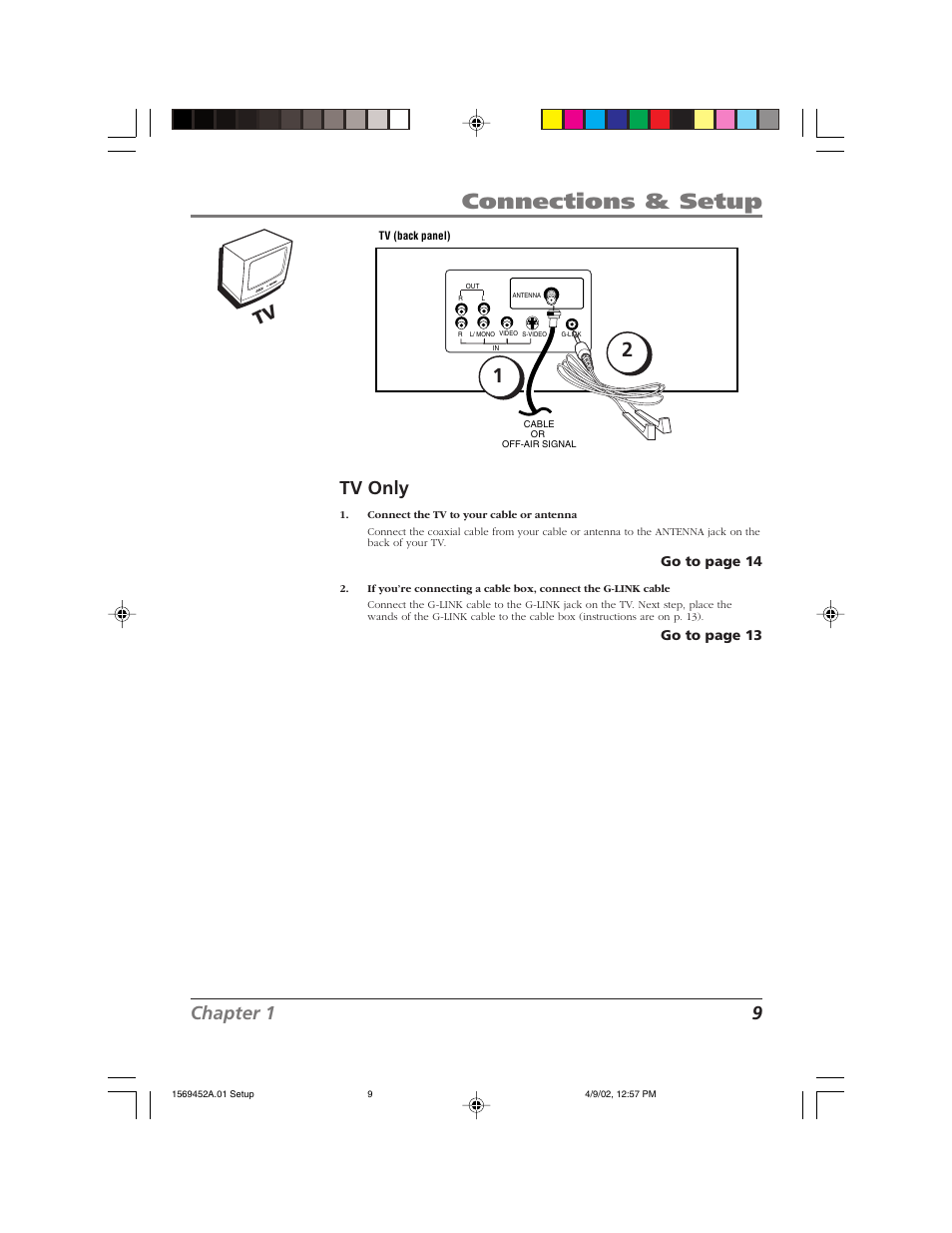Connections & setup, Chapter 1 9, Tv only | RCA F20TF10 User Manual | Page 11 / 64