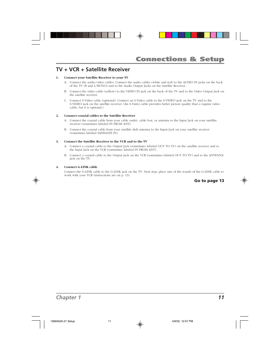 Connections & setup, Chapter 1 11, Tv + vcr + satellite receiver | RCA F20TF10 User Manual | Page 13 / 64