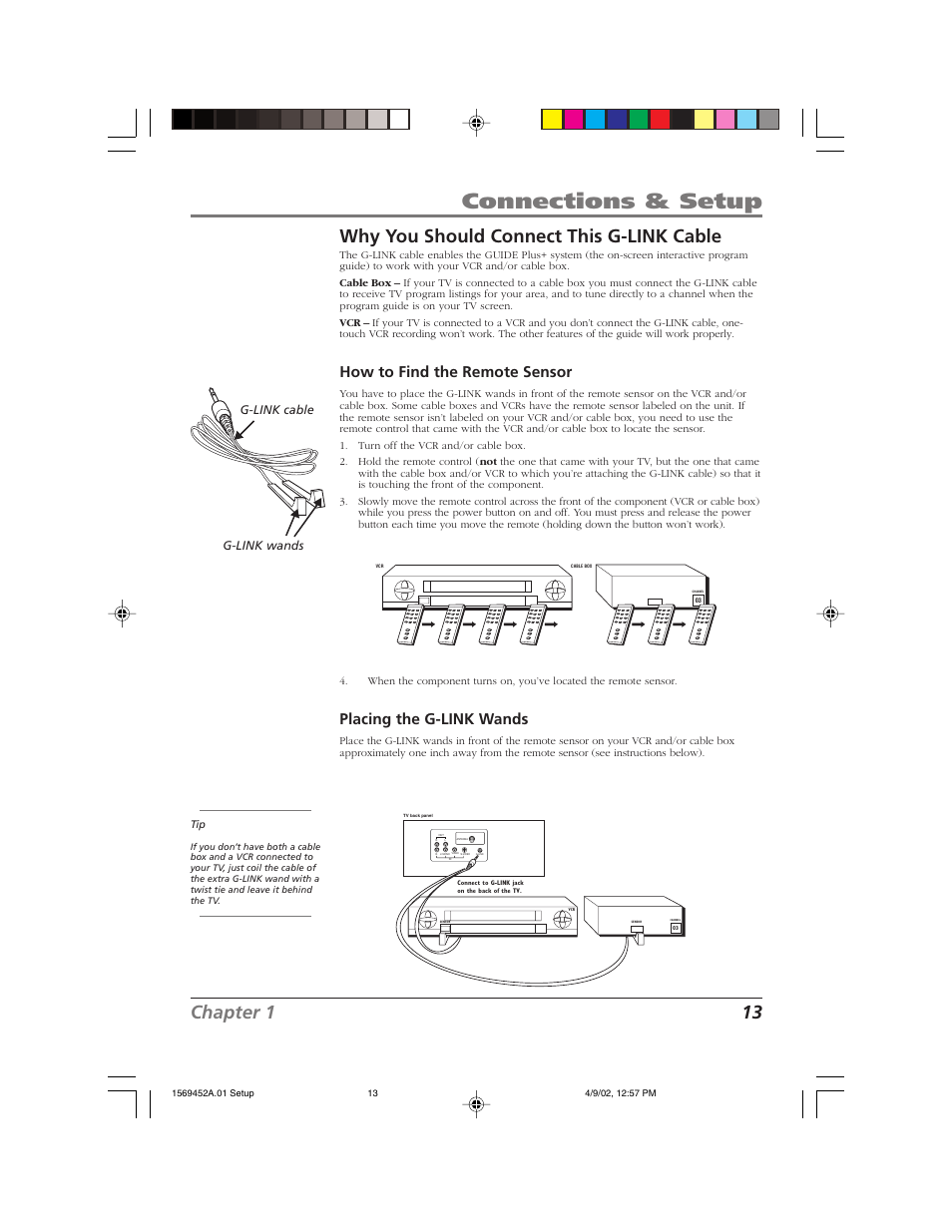 Connections & setup, Chapter 1 13, Why you should connect this g-link cable | How to find the remote sensor, Placing the g-link wands, G-link wands g-link cable | RCA F20TF10 User Manual | Page 15 / 64