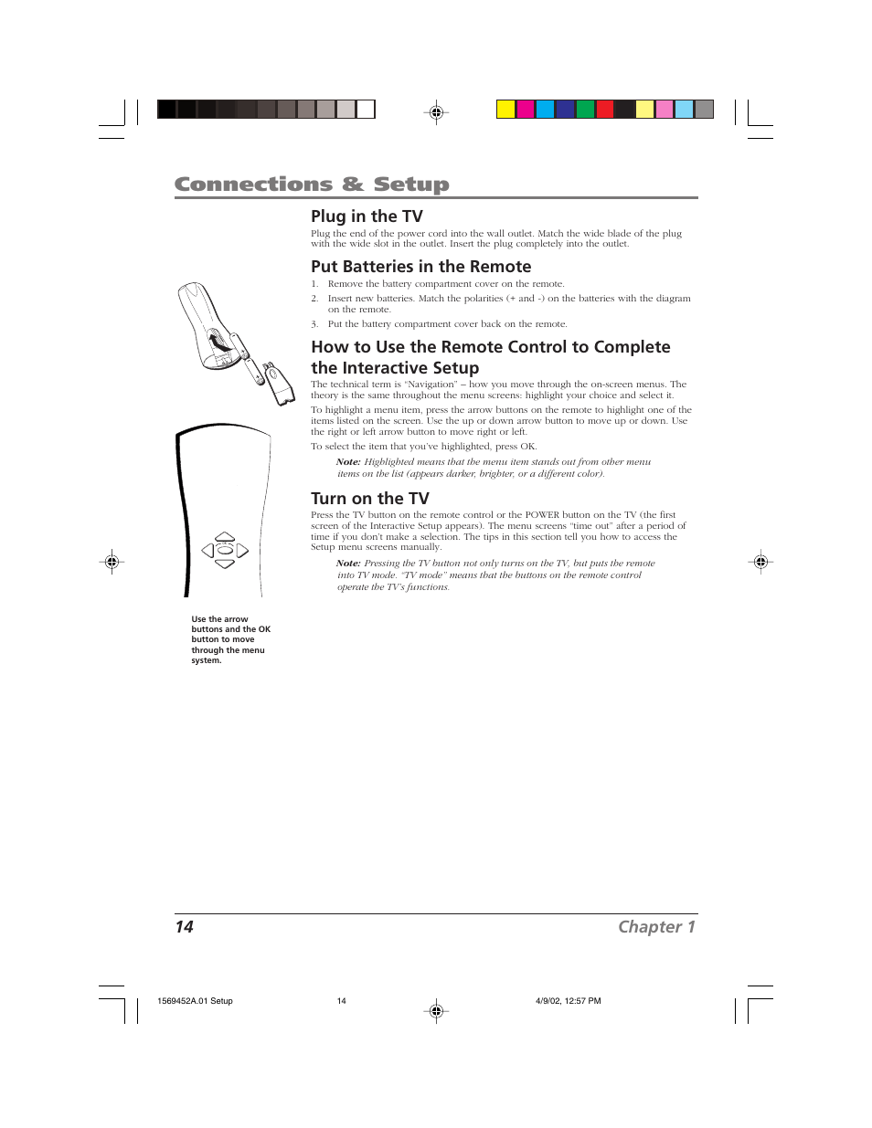 Connections & setup, 14 chapter 1, Plug in the tv | Put batteries in the remote, Turn on the tv | RCA F20TF10 User Manual | Page 16 / 64