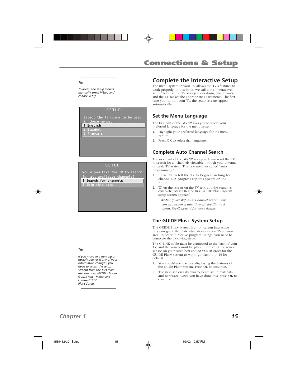 Connections & setup, Chapter 1 15, Complete the interactive setup | Set the menu language, Complete auto channel search, The guide plus+ system setup | RCA F20TF10 User Manual | Page 17 / 64