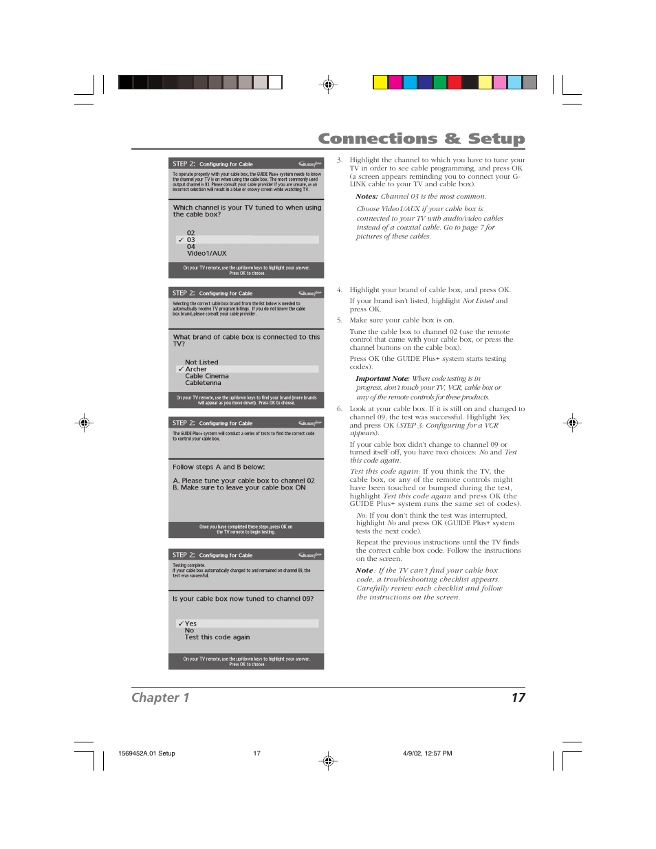 Connections & setup, Chapter 1 17 | RCA F20TF10 User Manual | Page 19 / 64