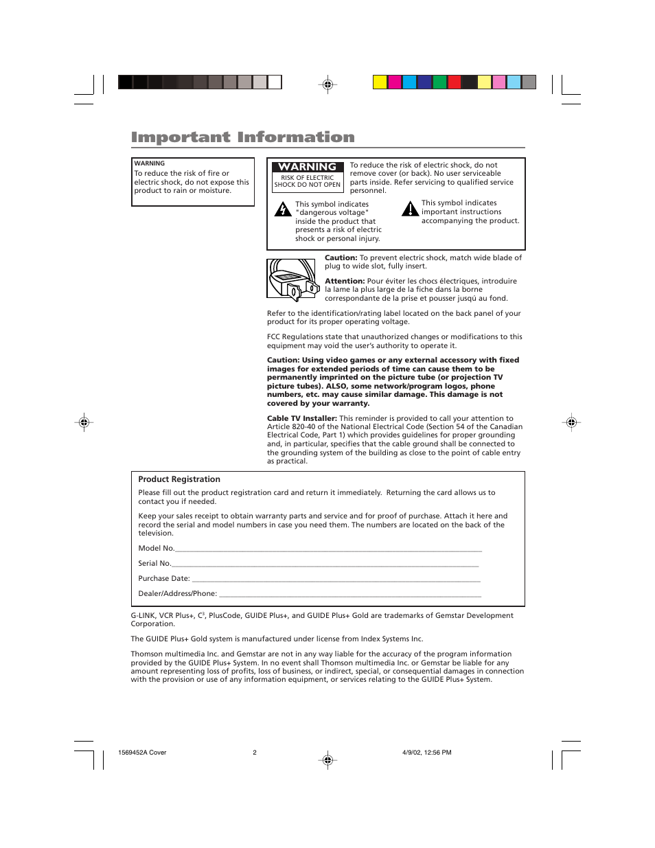 Important information, Warning | RCA F20TF10 User Manual | Page 2 / 64