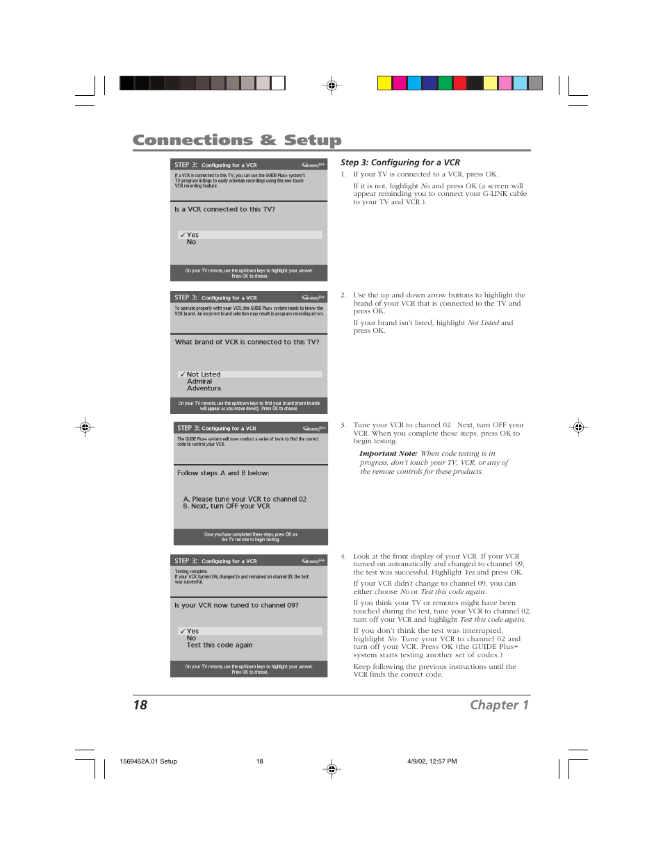 Connections & setup, 18 chapter 1 | RCA F20TF10 User Manual | Page 20 / 64