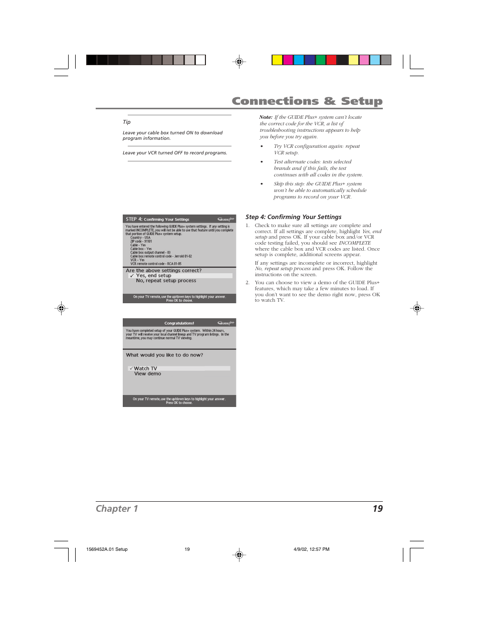 Connections & setup, Chapter 1 19 | RCA F20TF10 User Manual | Page 21 / 64