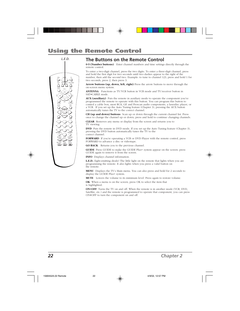 Using the remote control, 22 chapter 2, The buttons on the remote control | L.e.d | RCA F20TF10 User Manual | Page 24 / 64