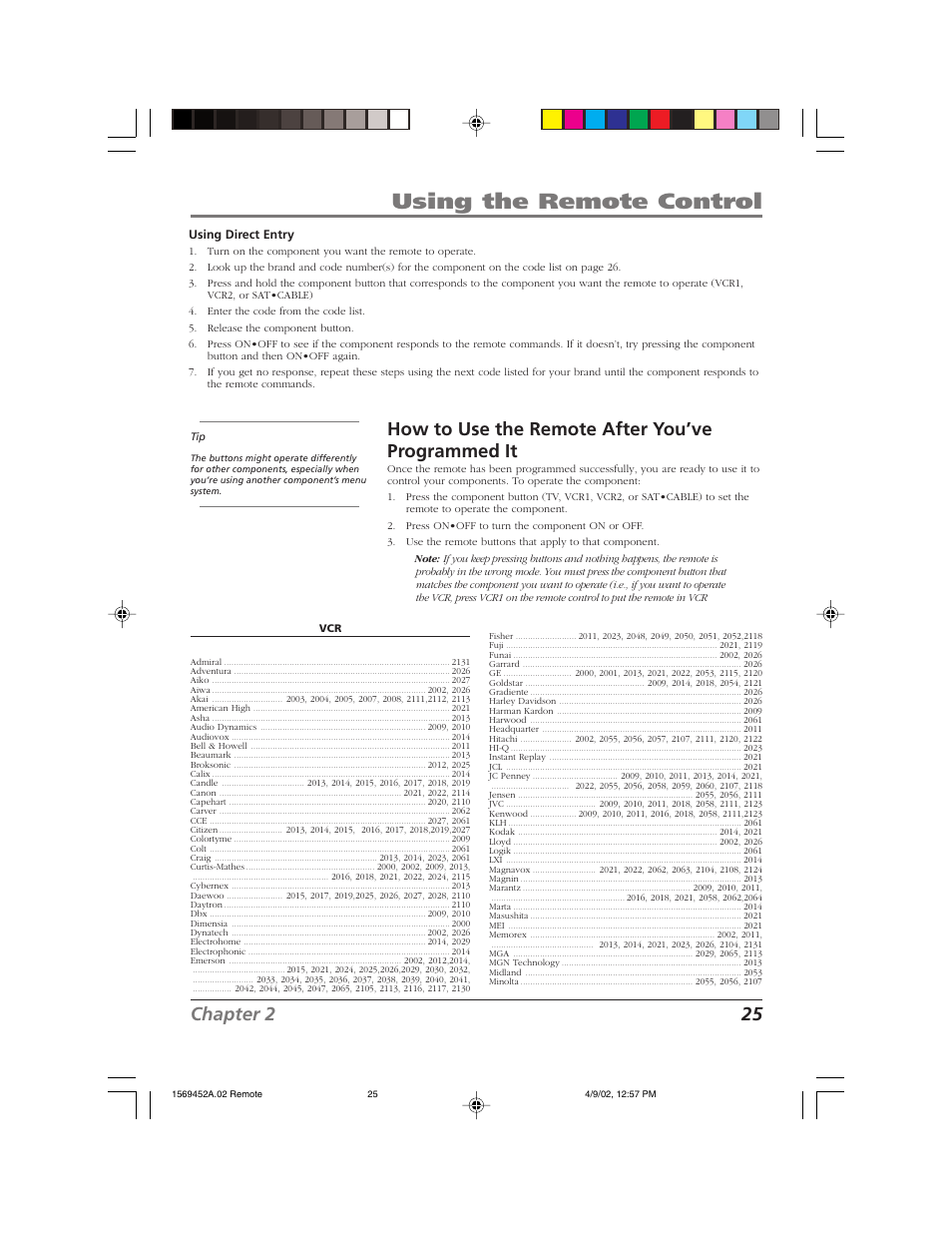 Using the remote control, Chapter 2 25, How to use the remote after you’ve programmed it | RCA F20TF10 User Manual | Page 27 / 64