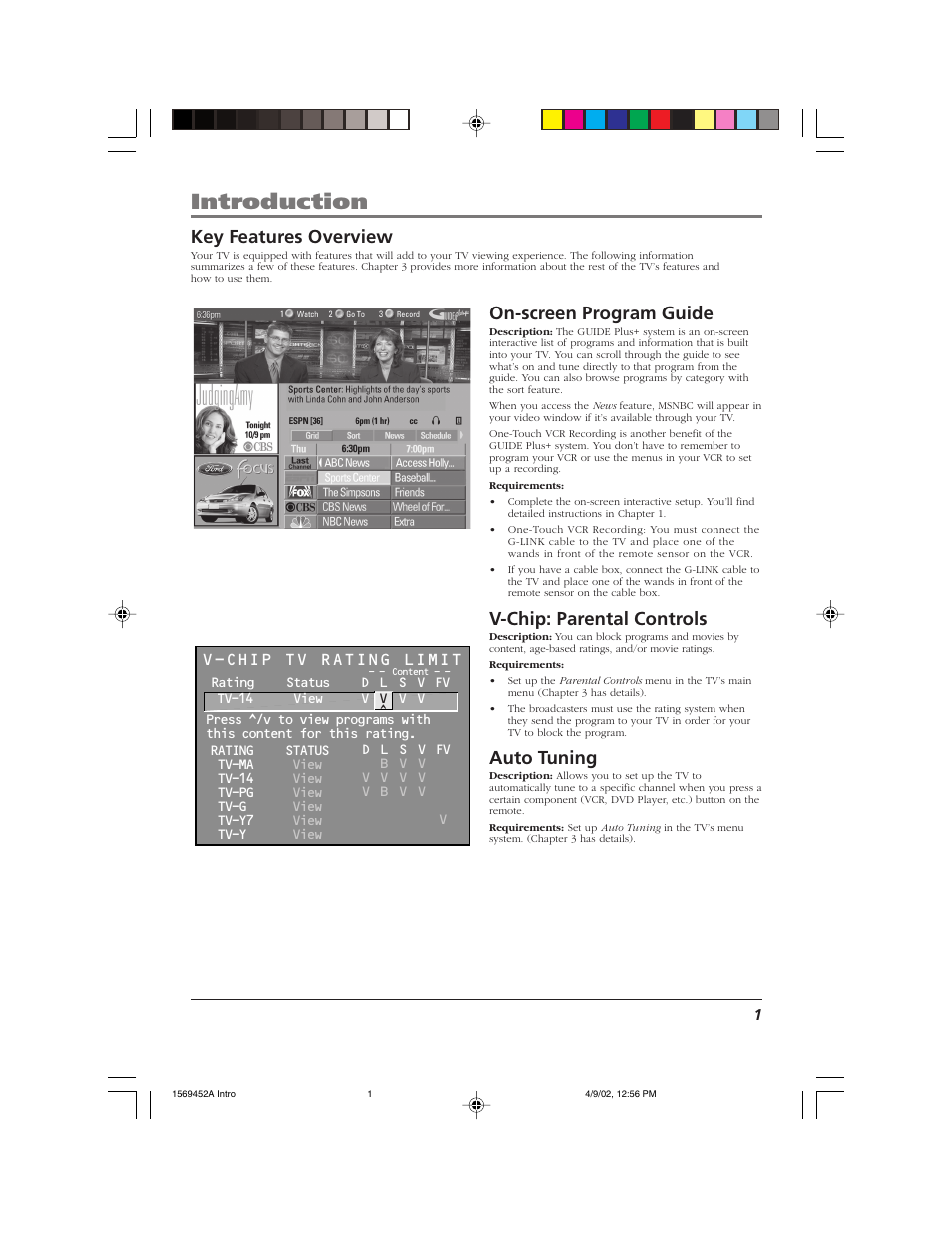 Introduction, Key features overview, On-screen program guide | V-chip: parental controls, Auto tuning, V-chip tv rating limit | RCA F20TF10 User Manual | Page 3 / 64