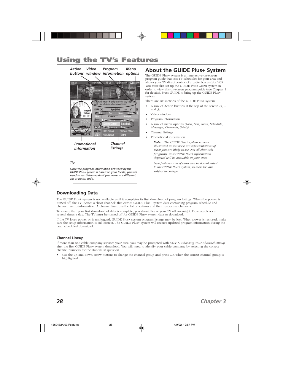 Using the tv’s features, 28 chapter 3, About the guide plus+ system | Downloading data | RCA F20TF10 User Manual | Page 30 / 64