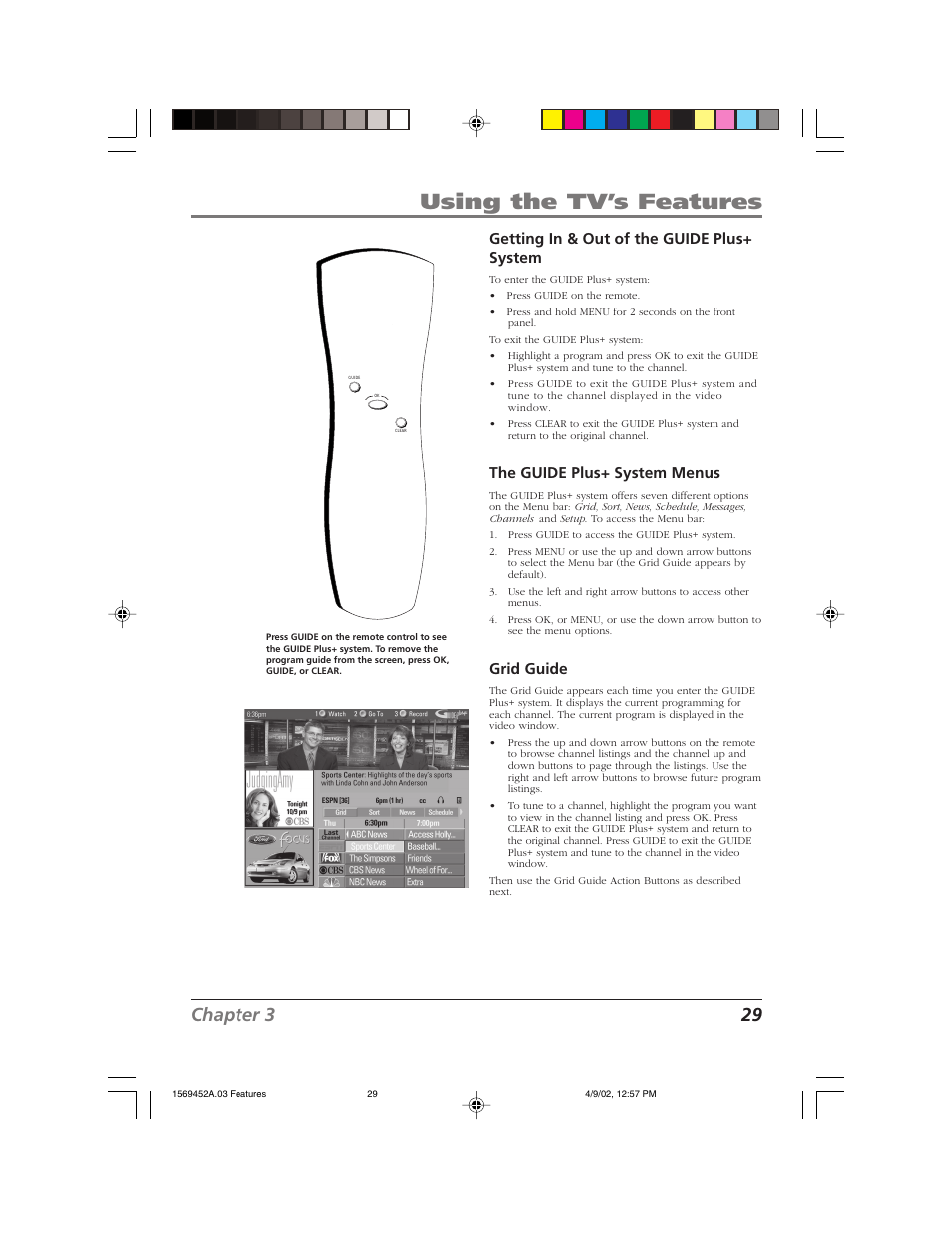 Using the tv’s features, Chapter 3 29, Getting in & out of the guide plus+ system | The guide plus+ system menus, Grid guide | RCA F20TF10 User Manual | Page 31 / 64