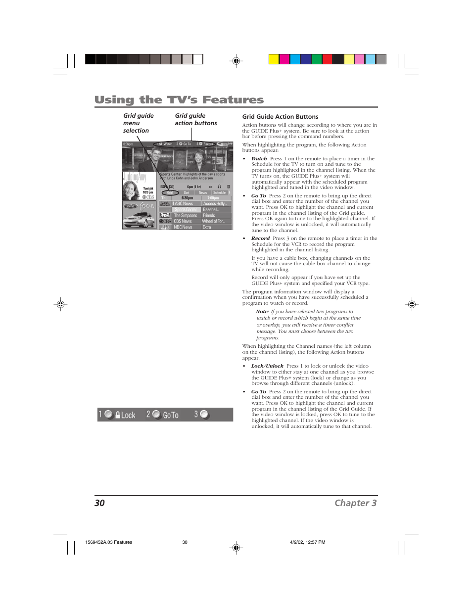 Using the tv’s features, 30 chapter 3 | RCA F20TF10 User Manual | Page 32 / 64