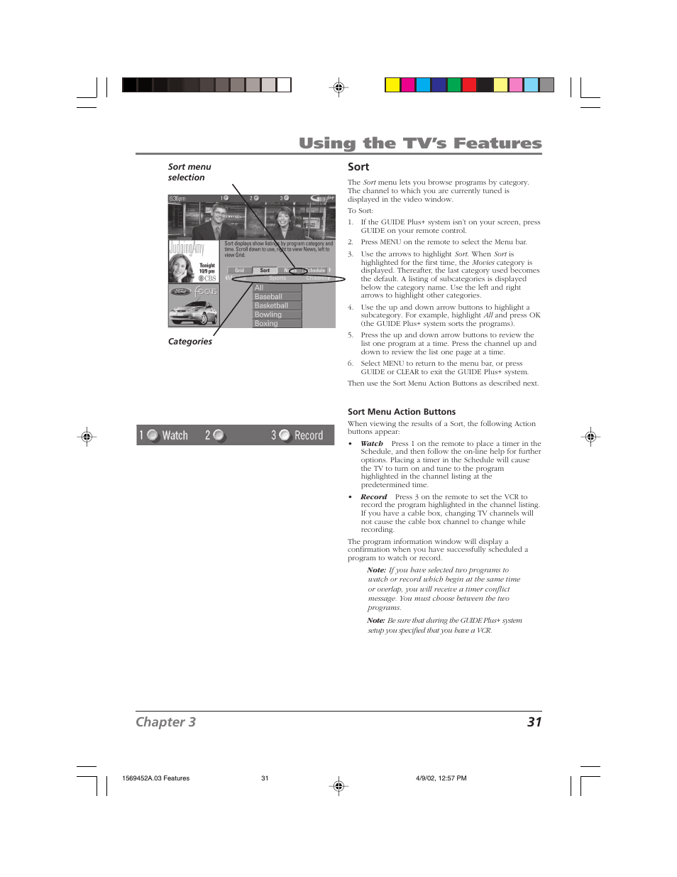 Using the tv’s features, Chapter 3 31, Sort | RCA F20TF10 User Manual | Page 33 / 64