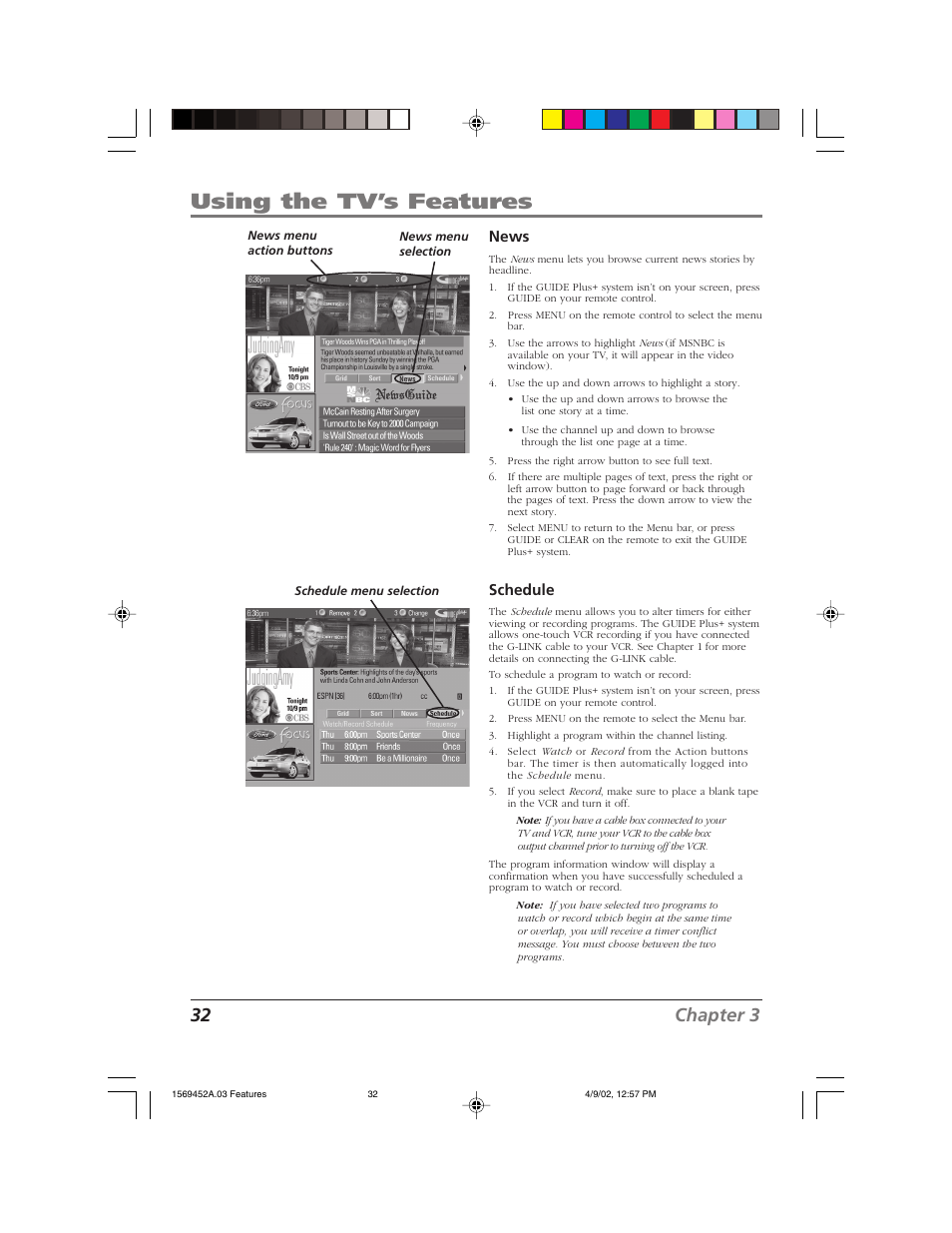 Using the tv’s features, 32 chapter 3, News | Schedule | RCA F20TF10 User Manual | Page 34 / 64