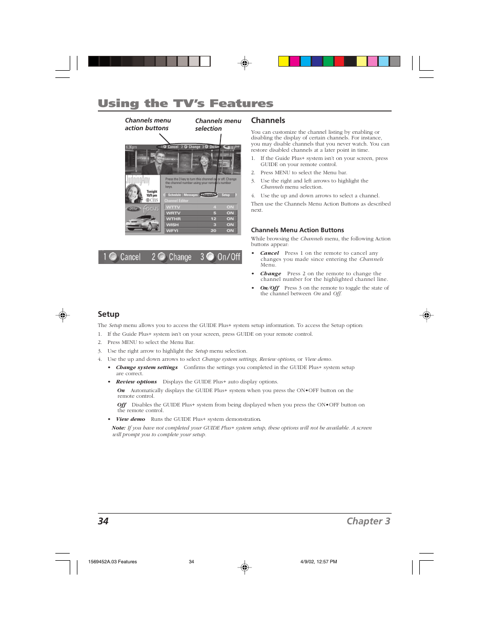 Using the tv’s features, 34 chapter 3, Channels | Setup | RCA F20TF10 User Manual | Page 36 / 64