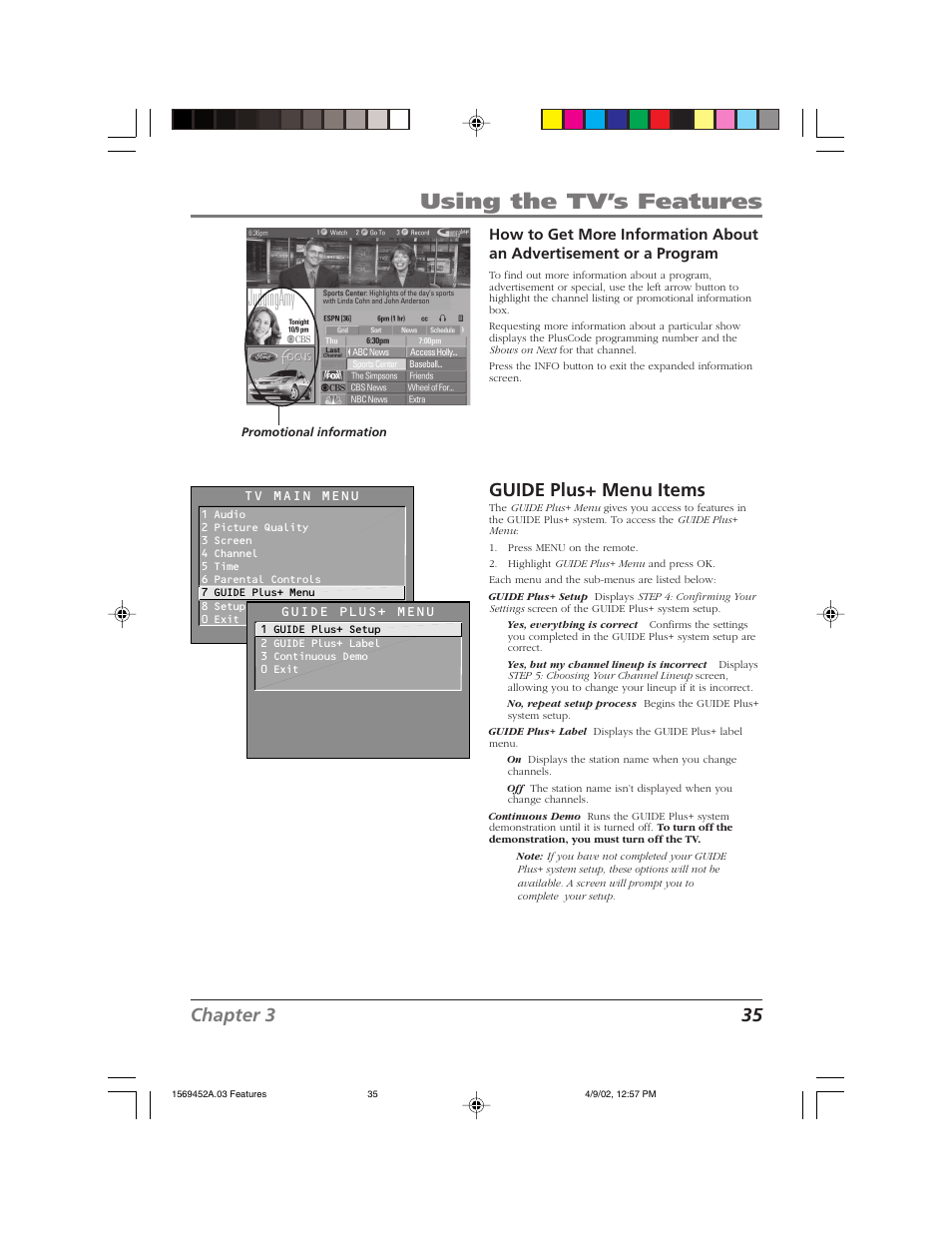 Using the tv’s features, Chapter 3 35, Guide plus+ menu items | RCA F20TF10 User Manual | Page 37 / 64