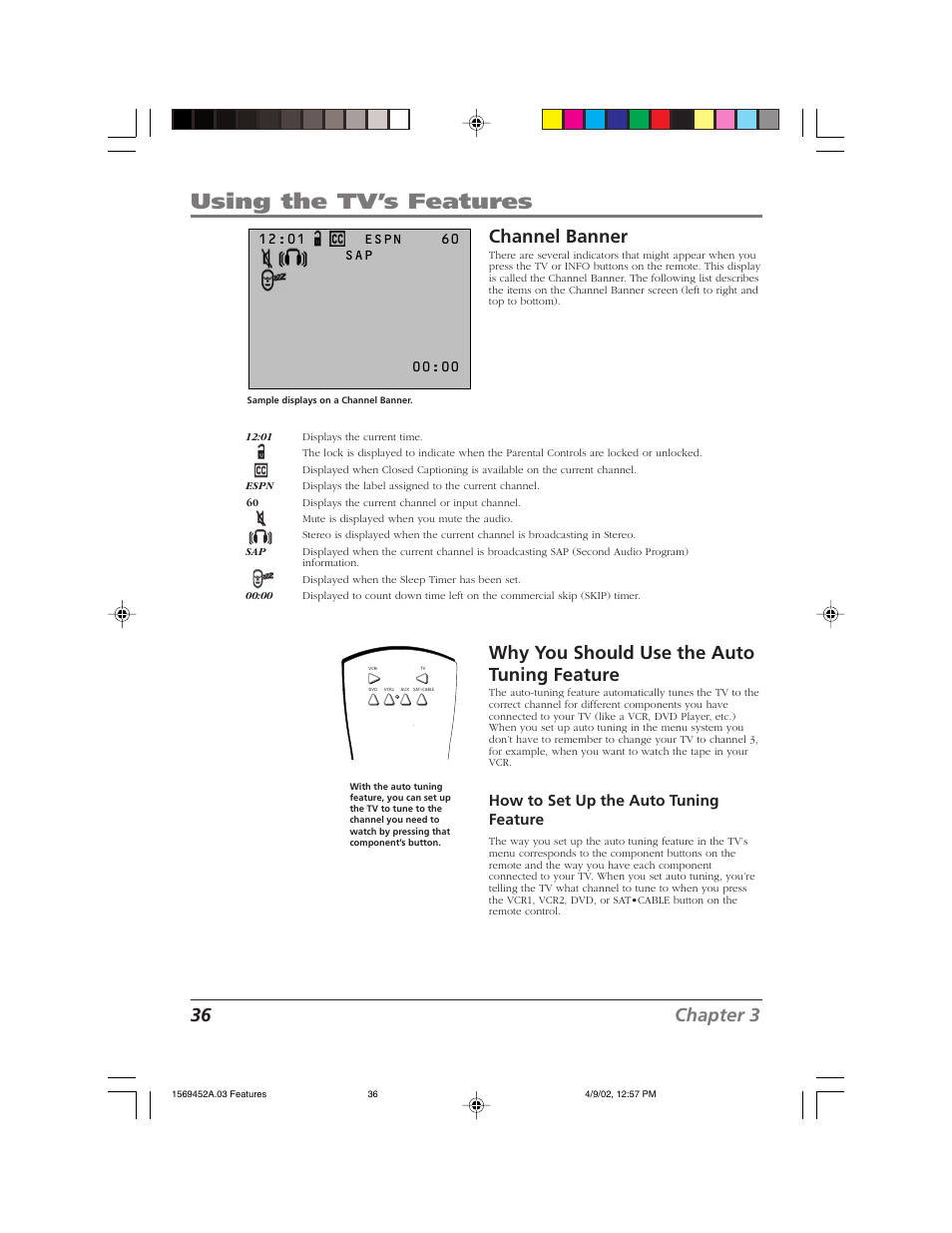 Using the tv’s features, 36 chapter 3, Channel banner | Why you should use the auto tuning feature, How to set up the auto tuning feature | RCA F20TF10 User Manual | Page 38 / 64