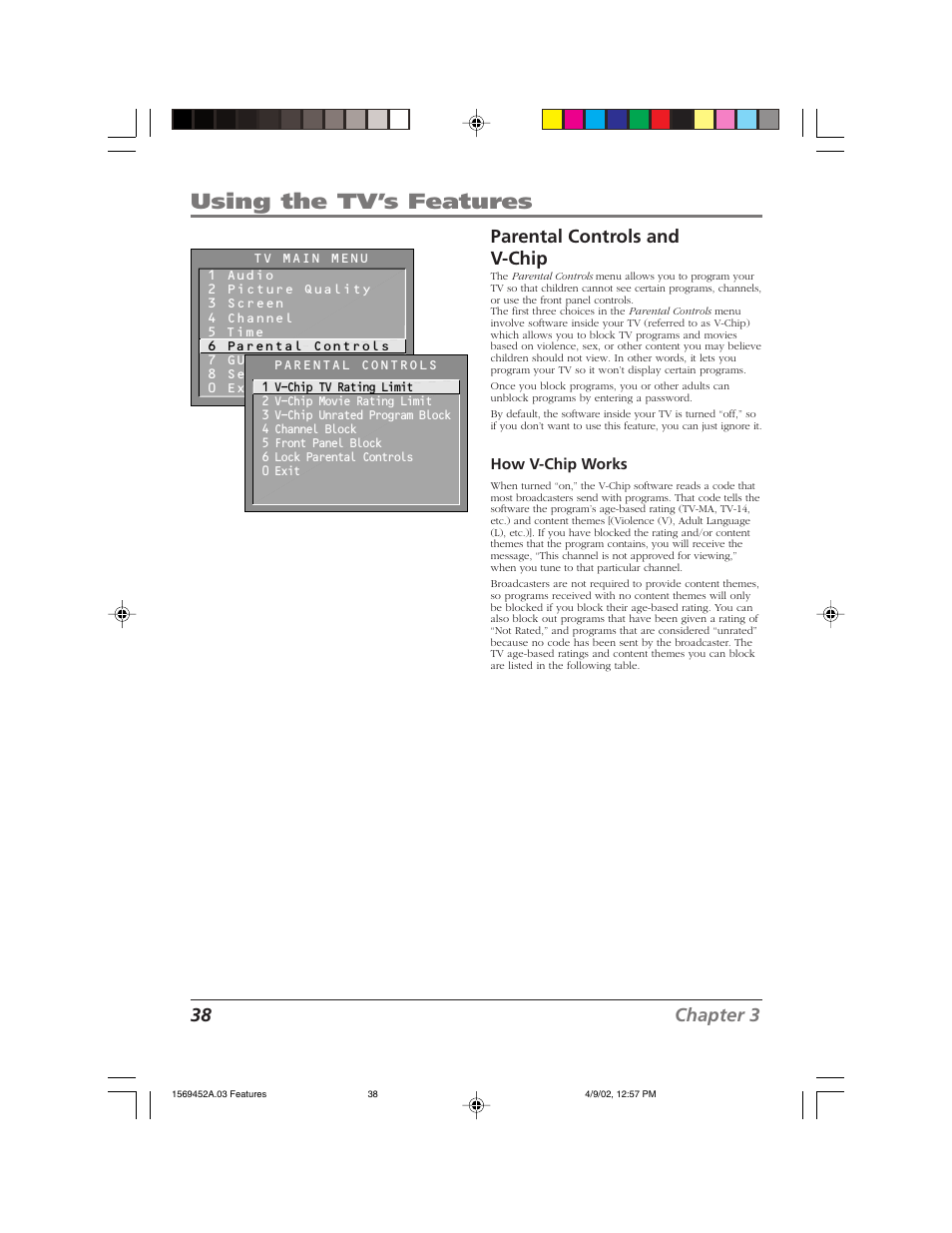 Using the tv’s features, 38 chapter 3 parental controls and v-chip | RCA F20TF10 User Manual | Page 40 / 64