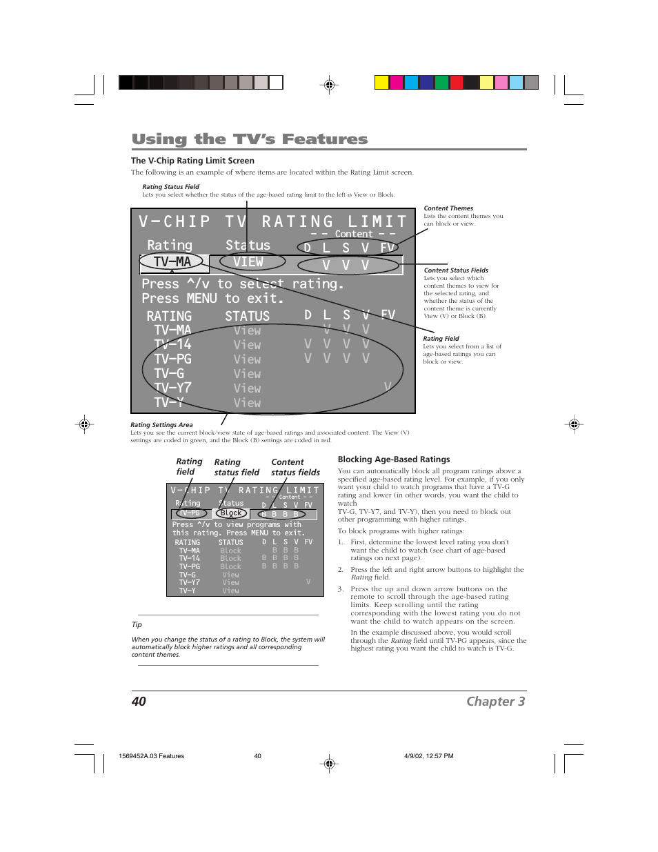 V-chip tv rating limit, Using the tv’s features, Rating status tv-ma view | Tv-14, Tv-pg, Tv-g, Tv-y7, Tv-y, View, 40 chapter 3 | RCA F20TF10 User Manual | Page 42 / 64