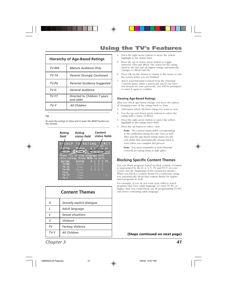 Using the tv’s features, Chapter 3 41, Content themes | Hierarchy of age-based ratings, Blocking specific content themes | RCA F20TF10 User Manual | Page 43 / 64