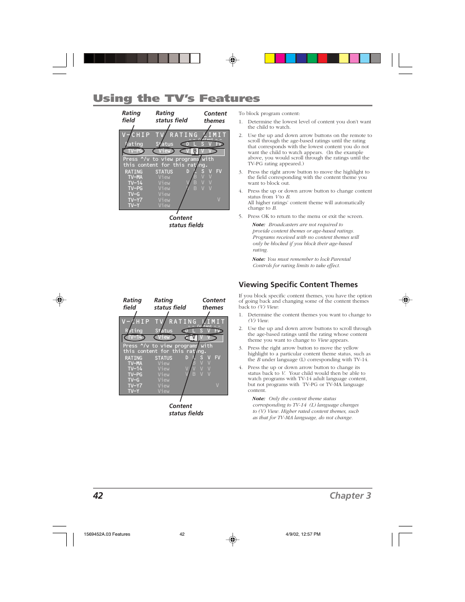Using the tv’s features, 42 chapter 3, Viewing specific content themes | RCA F20TF10 User Manual | Page 44 / 64