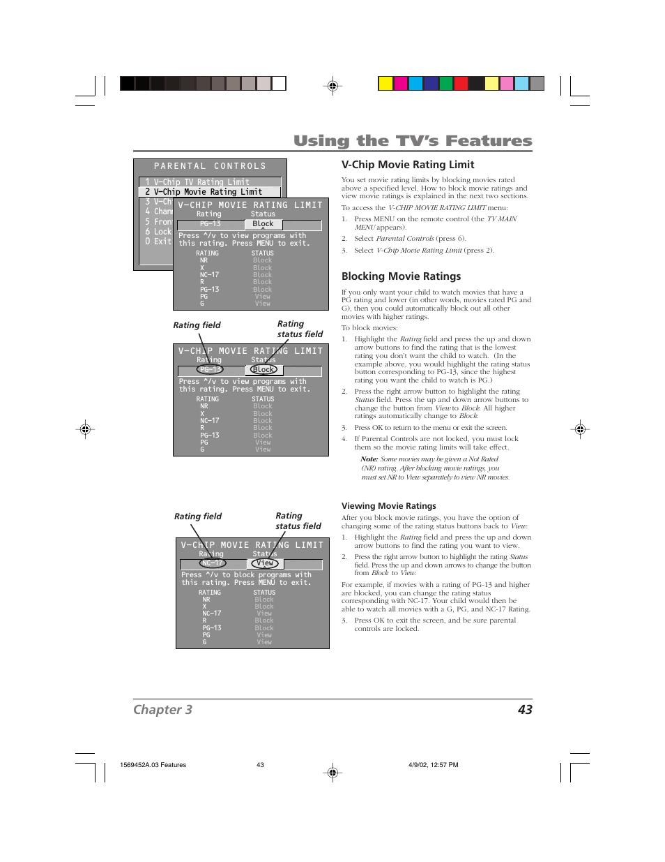 Using the tv’s features, Chapter 3 43, V-chip movie rating limit | Blocking movie ratings | RCA F20TF10 User Manual | Page 45 / 64
