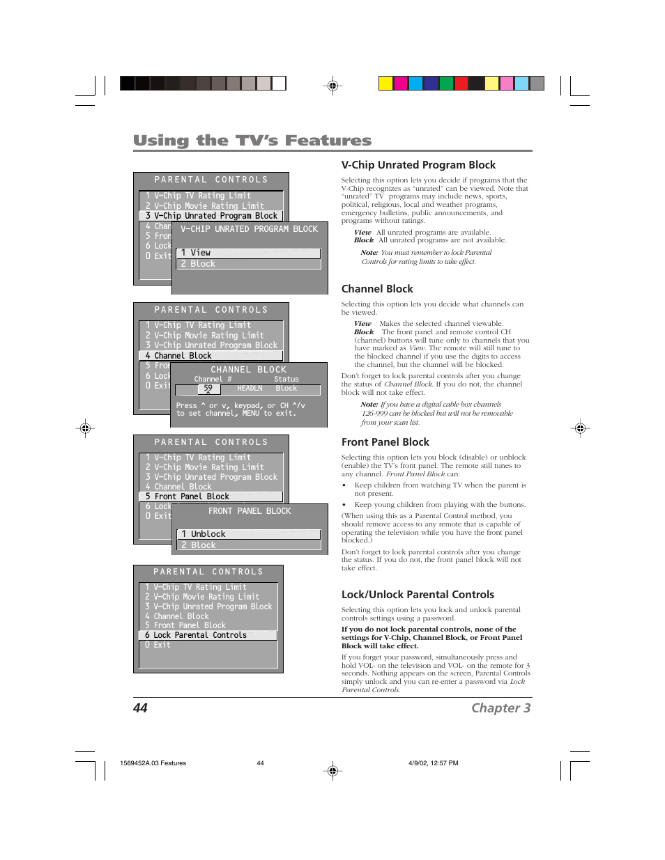 Using the tv’s features, 44 chapter 3 | RCA F20TF10 User Manual | Page 46 / 64