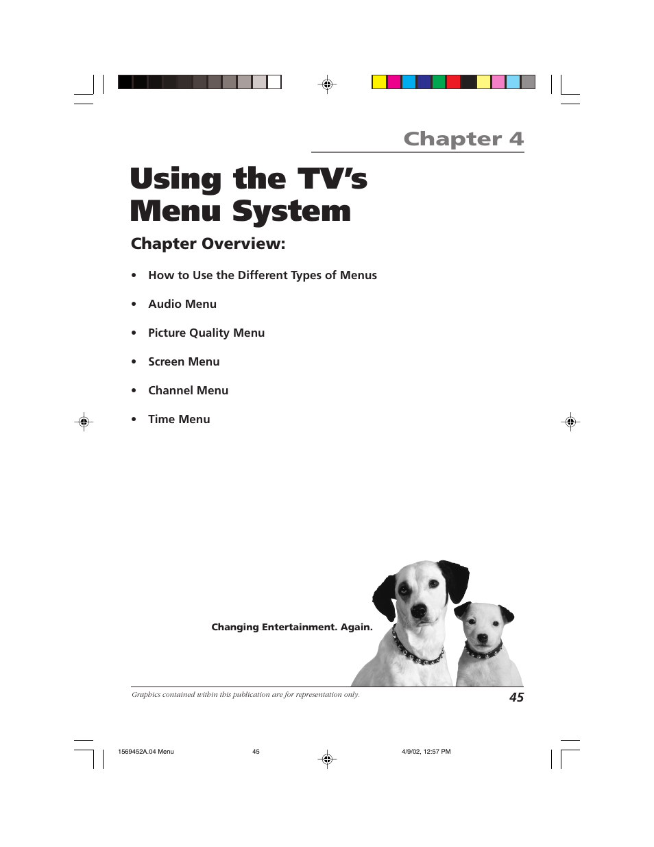 Using the tv’s menu system, Chapter 4, Chapter overview | RCA F20TF10 User Manual | Page 47 / 64