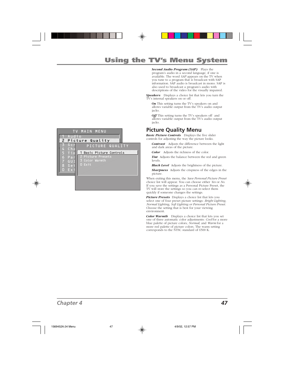 Using the tv’s menu system, Chapter 4 47, Picture quality menu | RCA F20TF10 User Manual | Page 49 / 64