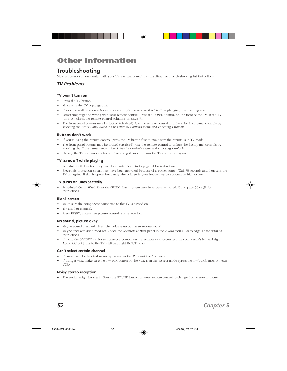 Other information, 52 chapter 5 troubleshooting, Tv problems | RCA F20TF10 User Manual | Page 54 / 64