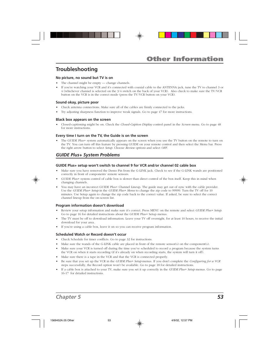 Other information, Chapter 5 53 troubleshooting, Guide plus+ system problems | RCA F20TF10 User Manual | Page 55 / 64