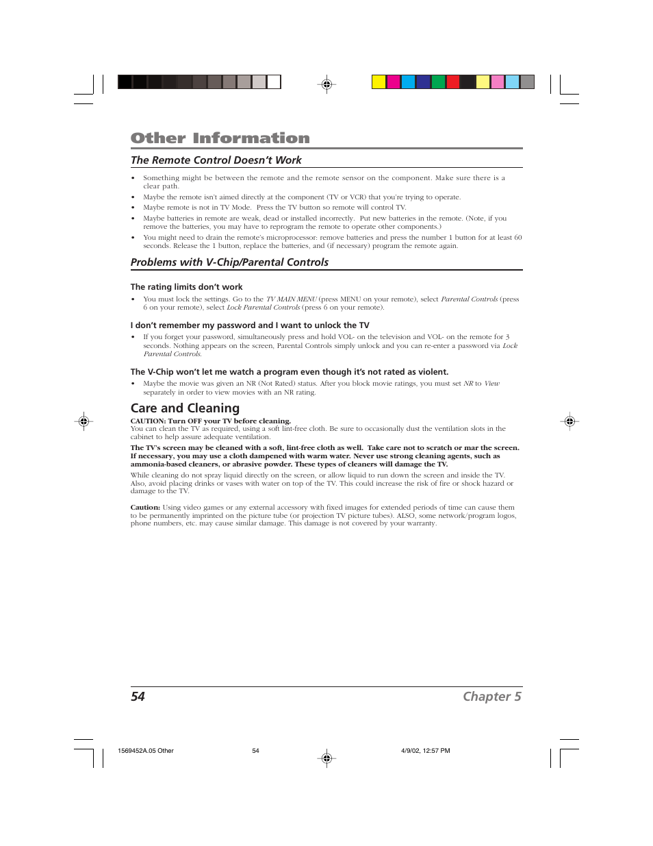 Other information, 54 chapter 5, Care and cleaning | The remote control doesn’t work, Problems with v-chip/parental controls | RCA F20TF10 User Manual | Page 56 / 64