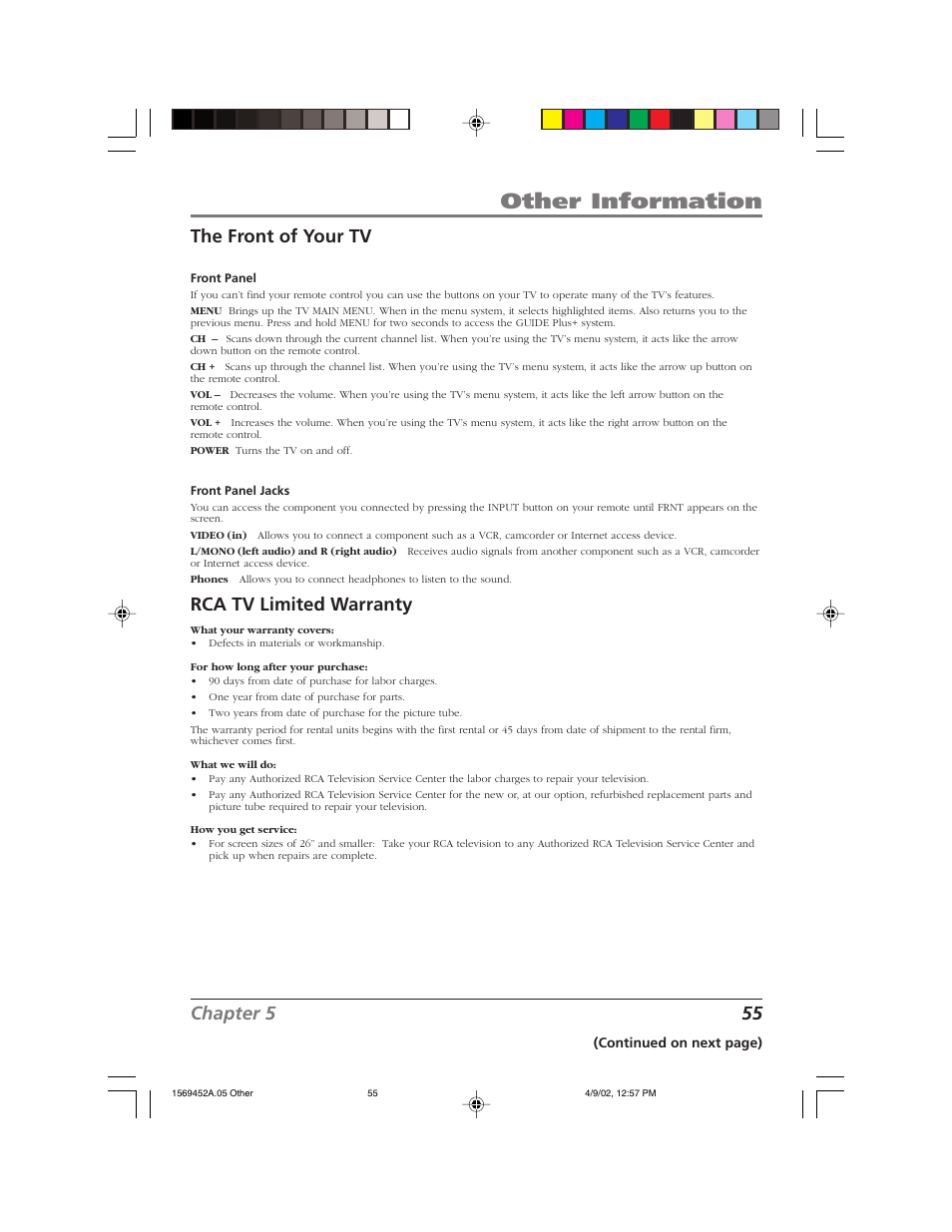 Other information, Chapter 5 55 the front of your tv, Rca tv limited warranty | RCA F20TF10 User Manual | Page 57 / 64