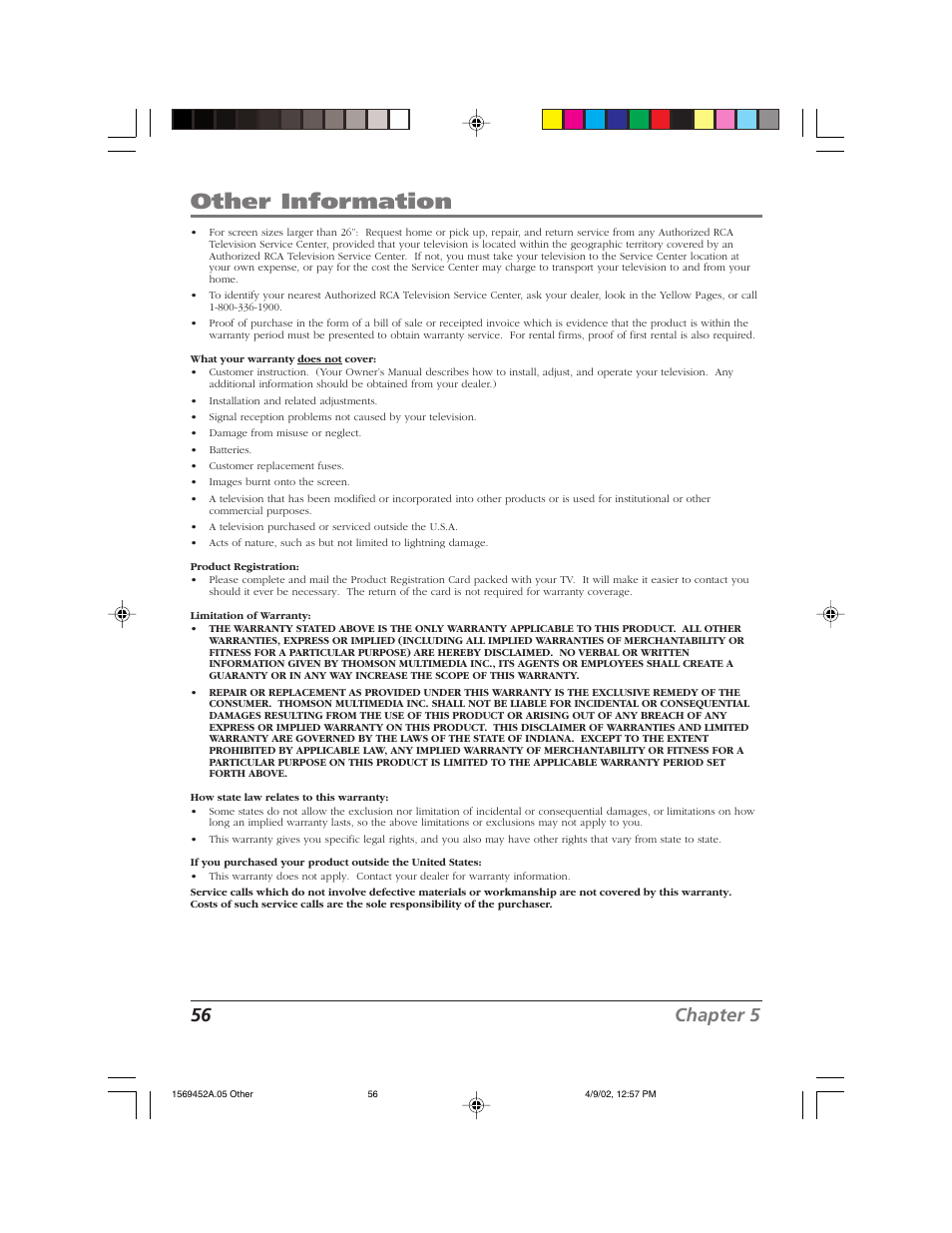 Other information, 56 chapter 5 | RCA F20TF10 User Manual | Page 58 / 64