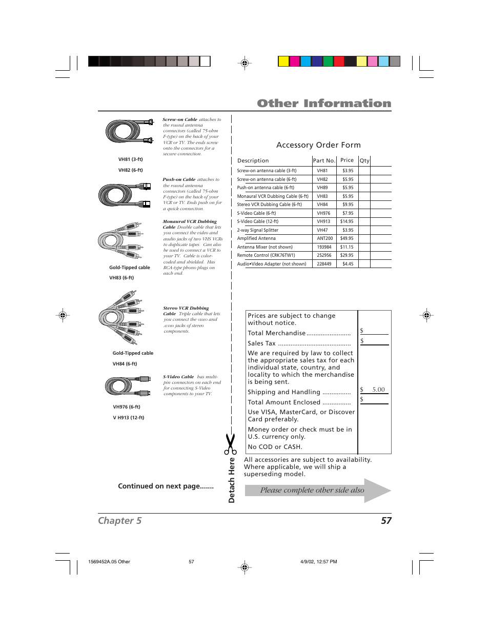 Other information, Chapter 5 57, Detach her e | Please complete other side also, Accessory order form, Continued on next page | RCA F20TF10 User Manual | Page 59 / 64