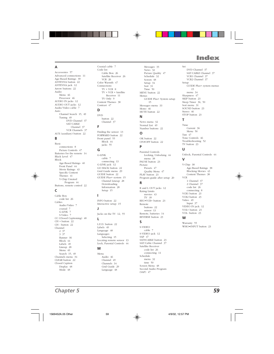 Index, Chapter 5 59 | RCA F20TF10 User Manual | Page 61 / 64