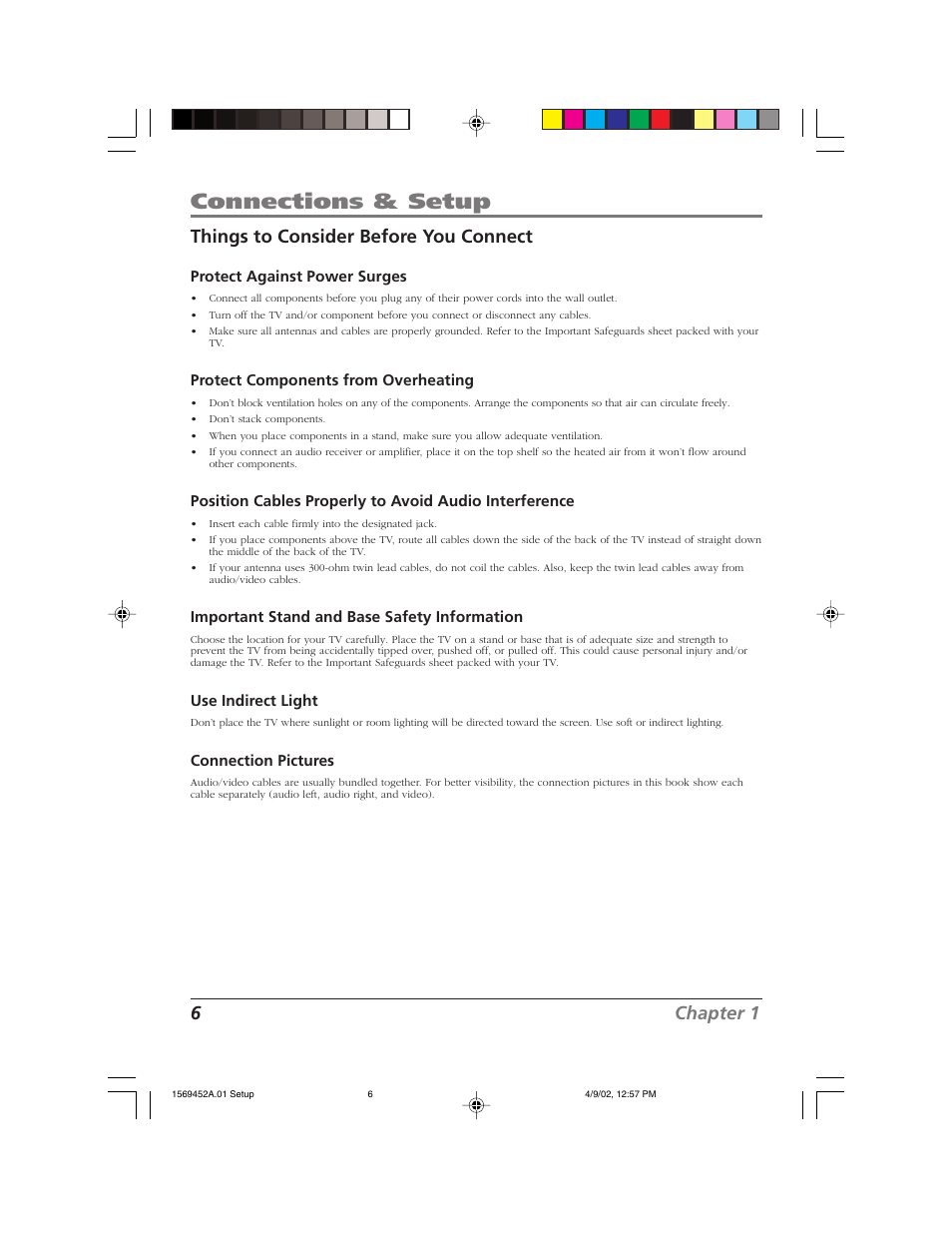 Connections & setup, 6chapter 1, Things to consider before you connect | RCA F20TF10 User Manual | Page 8 / 64