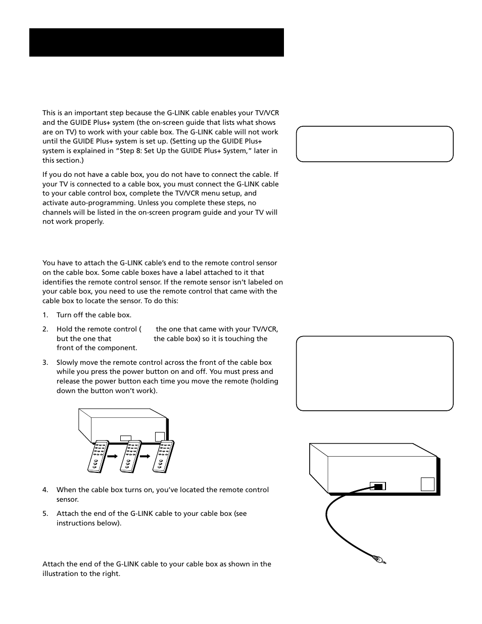 Setup and connections, Step 5: connect the g-link cable, Find the remote control sensor | Attach the end to the cable box | RCA T19067 User Manual | Page 10 / 64