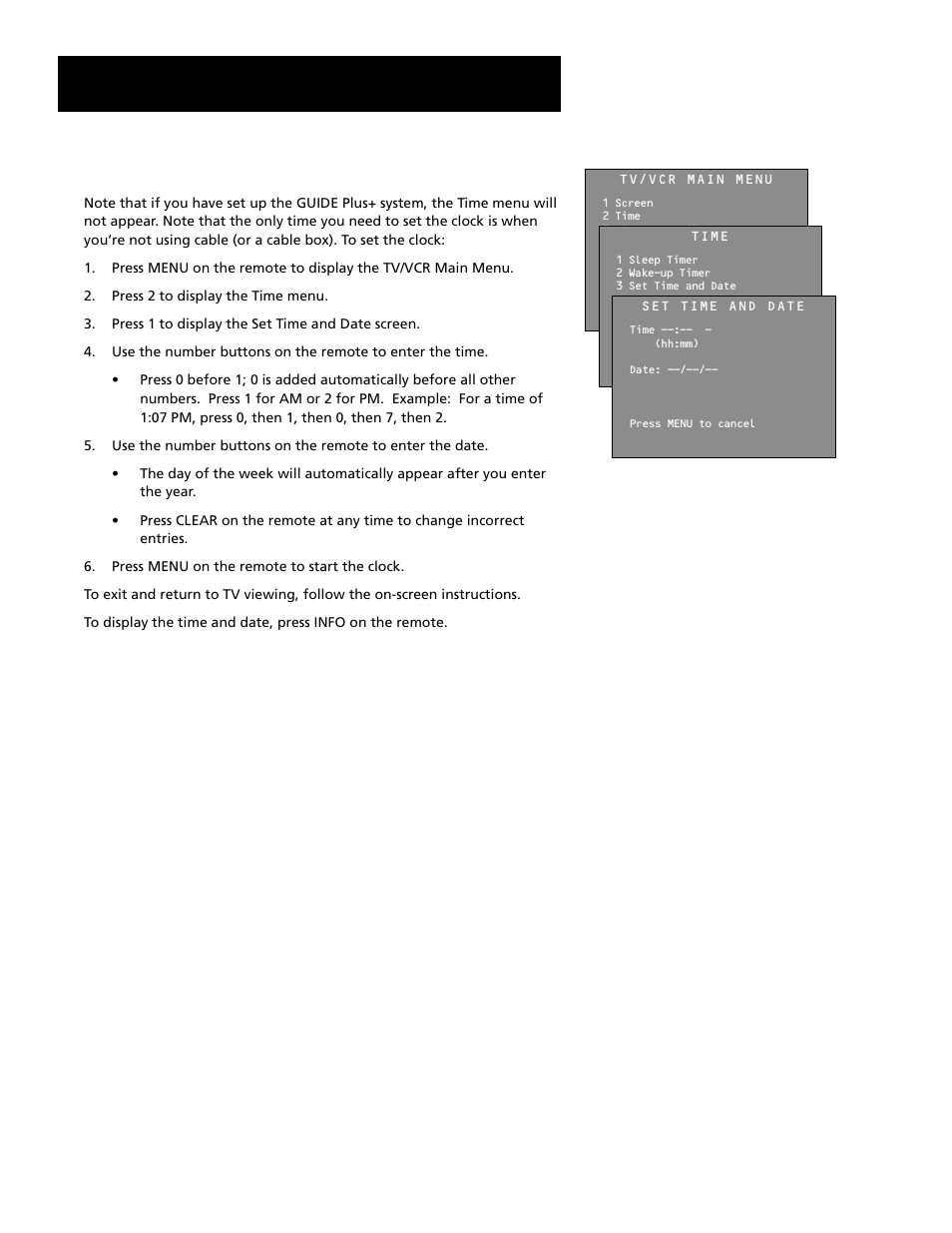 Setup and connections, Set the time and date (clock) | RCA T19067 User Manual | Page 16 / 64