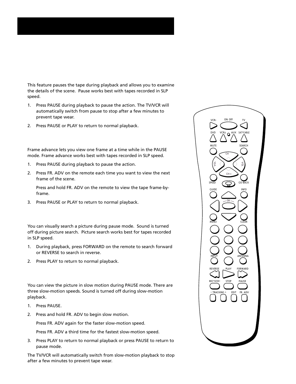 Operating instructions, 2 3 using the playback features, Pause | Frame advance, Picture search | RCA T19067 User Manual | Page 25 / 64