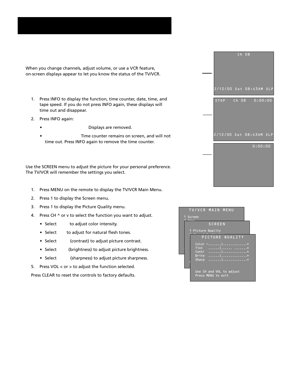 Features and controls, Using on-screen displays, Calling up on-screen displays | Adjusting the video | RCA T19067 User Manual | Page 36 / 64