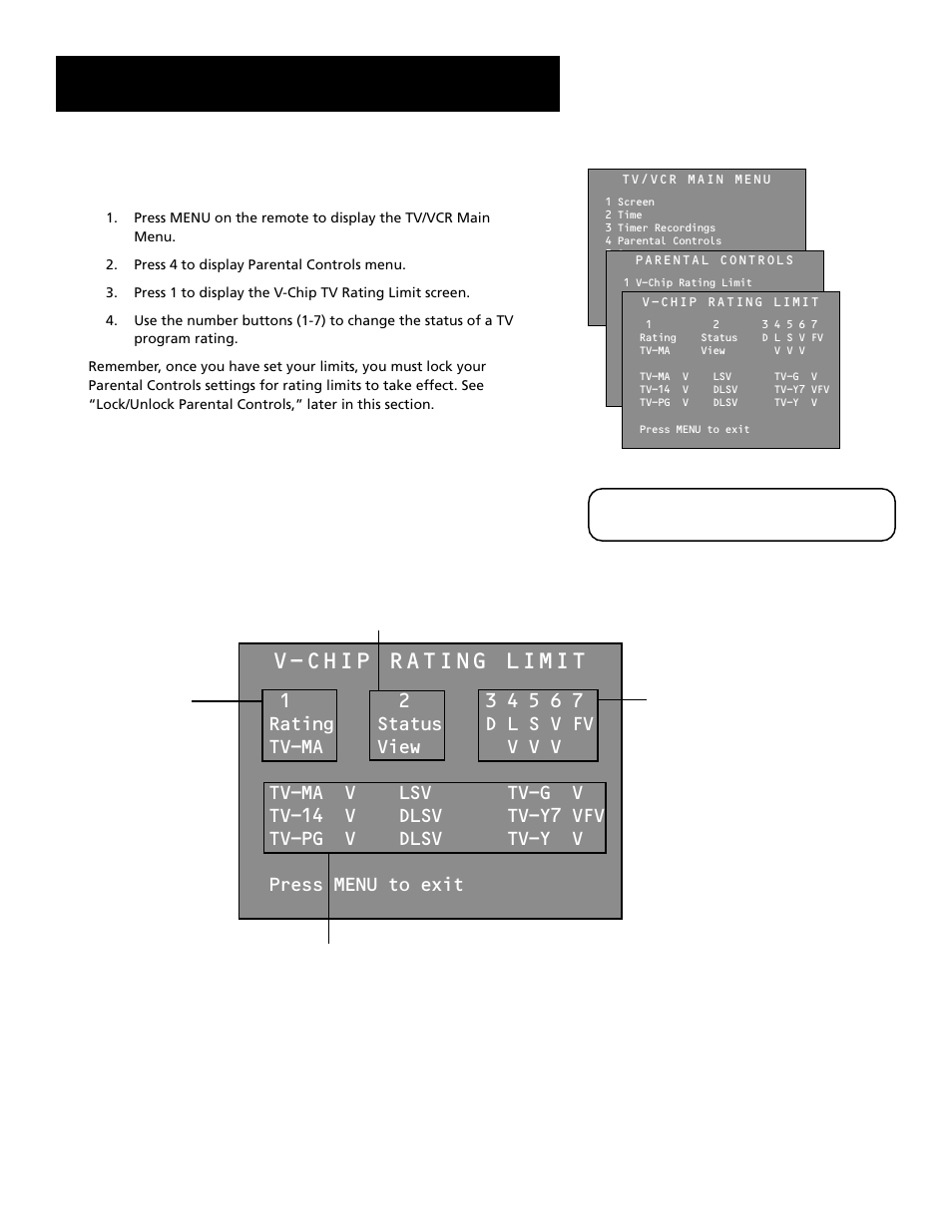 Features and controls, V-chip rating limit, Setting tv rating limits | RCA T19067 User Manual | Page 41 / 64