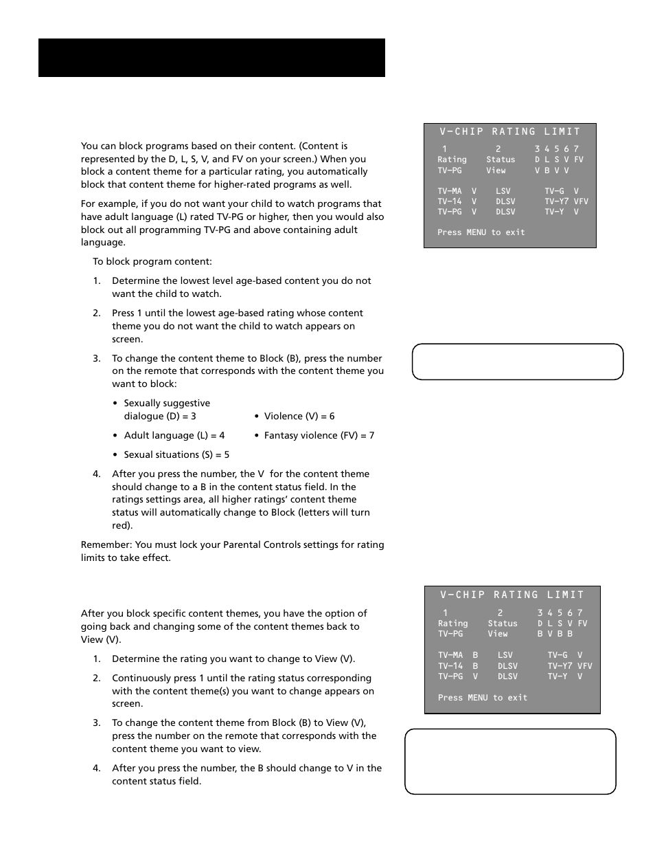 Features and controls, Blocking specific content themes, Viewing specific content themes | RCA T19067 User Manual | Page 43 / 64