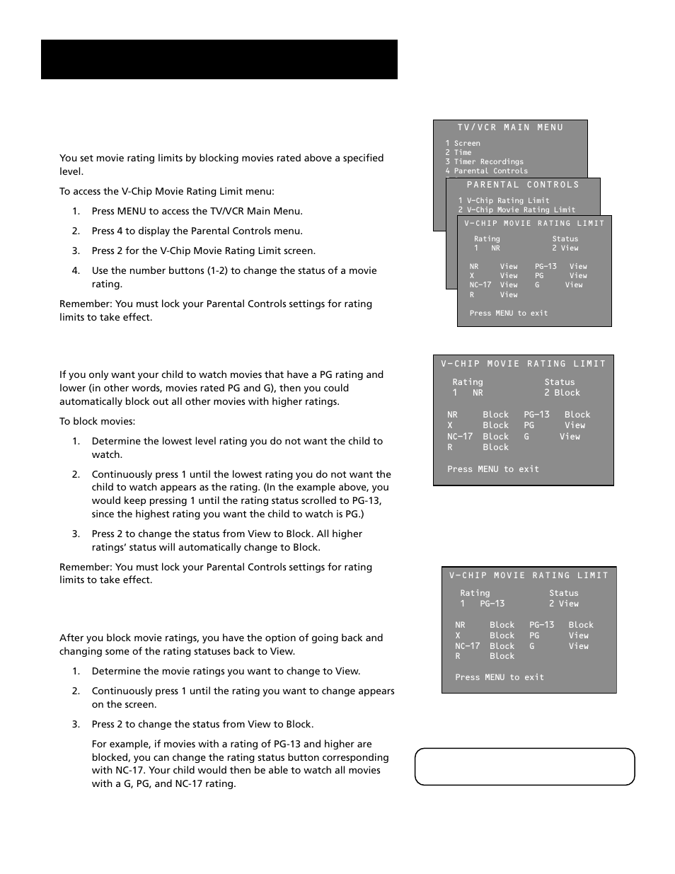 Features and controls, Setting movie rating limits, Blocking movie ratings | Viewing movie ratings | RCA T19067 User Manual | Page 44 / 64