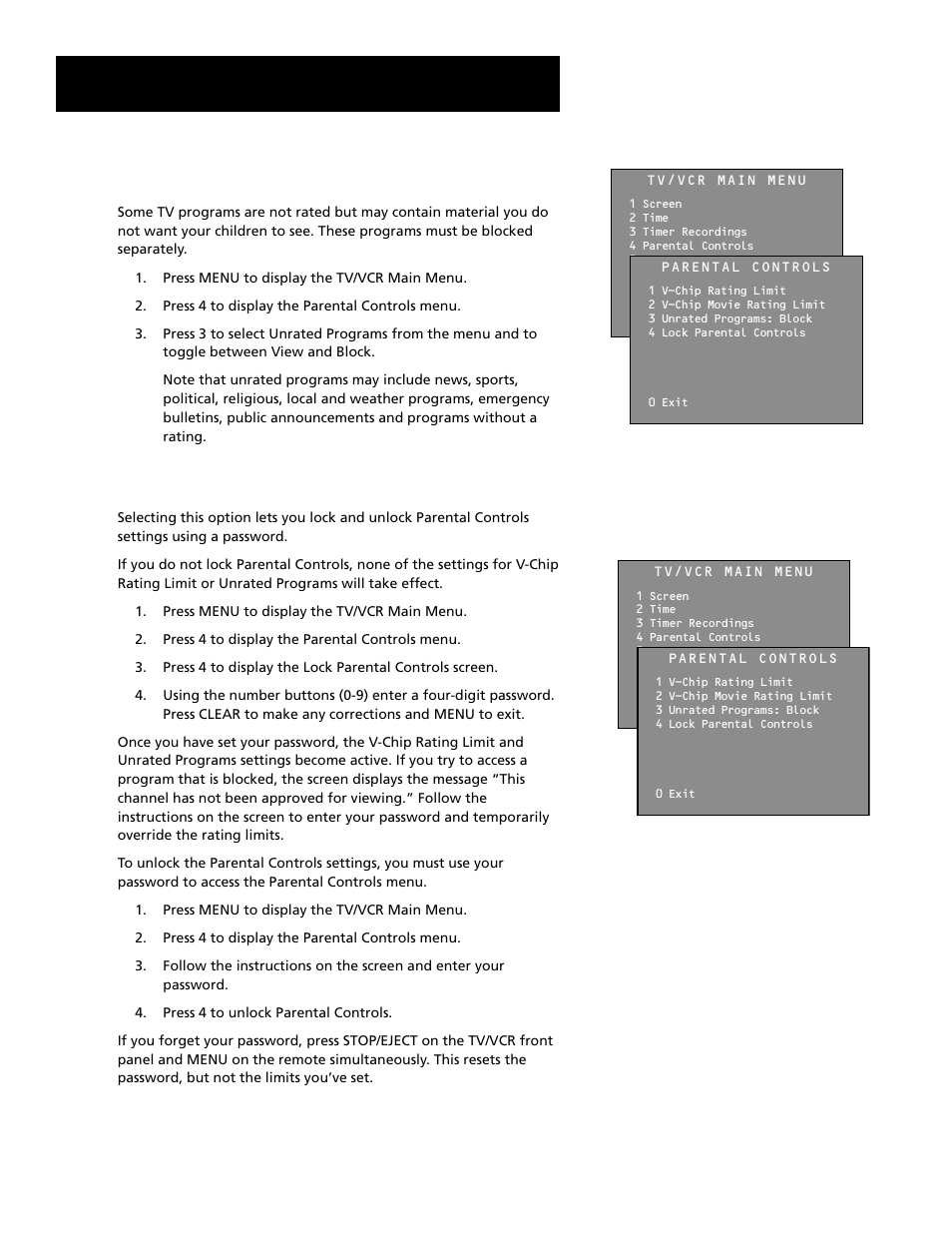 Features and controls, Blocking unrated tv programs, Lock/unlock parental controls | RCA T19067 User Manual | Page 45 / 64