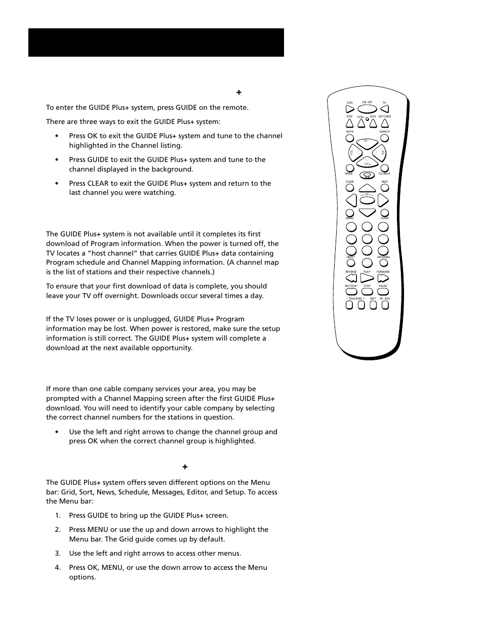 Features and controls, Getting in & out of the guide pi, System | Downloading data, Channel mapping, The different guide pi, System menus | RCA T19067 User Manual | Page 47 / 64